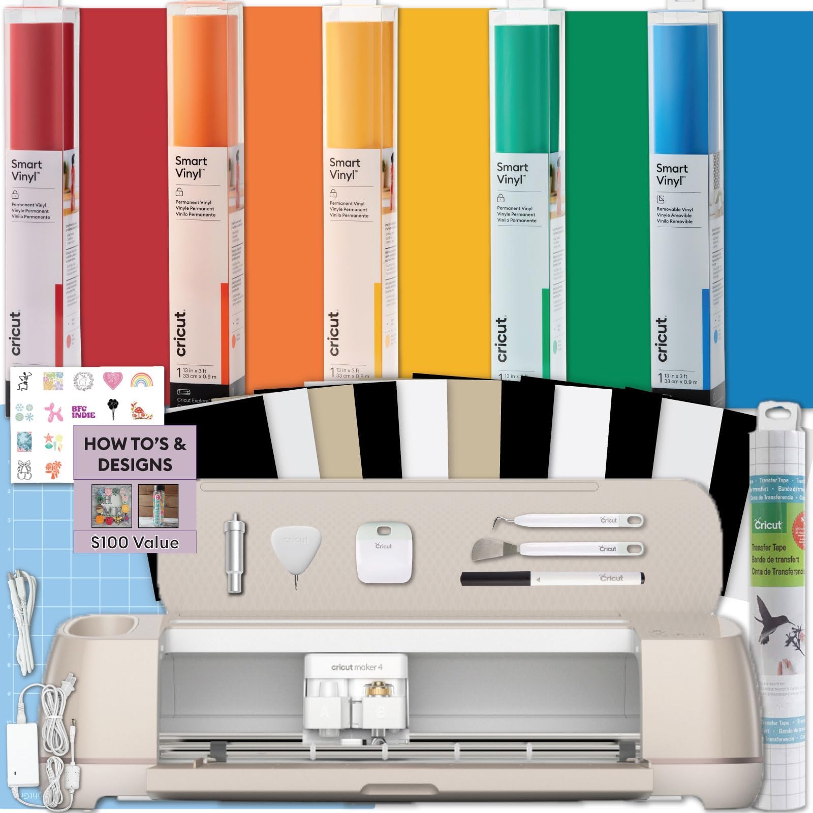 Maker 4 Cutting Machine with Rainbow Smart Vinyl Bundle - Electronic Craft Die-Cutting Machine with Variety Vinyl, Transfer Tape and Weeding Tools, Beginner Kit, Bluetooth Connectivity
