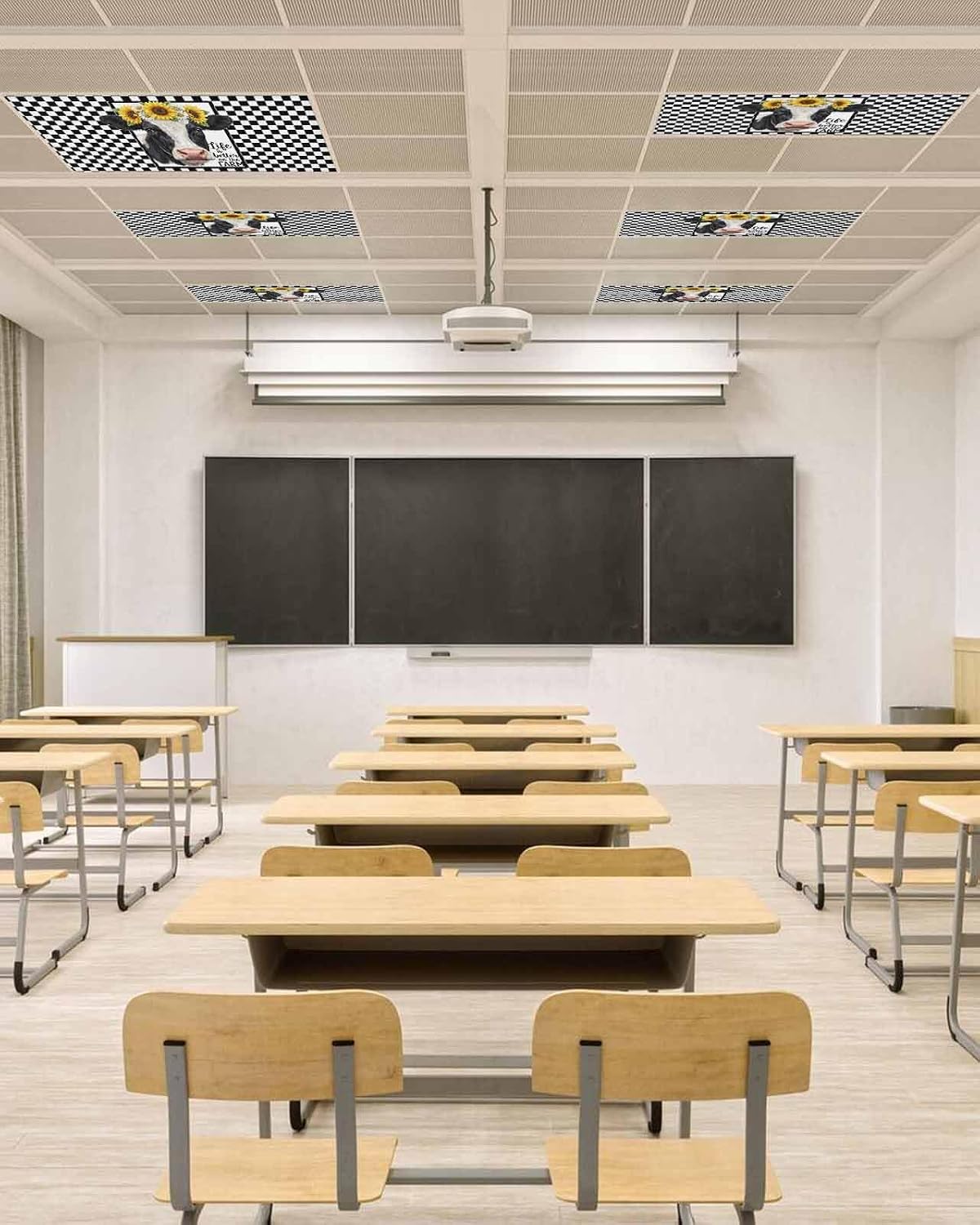3 Pack Fluorescent Light Cover for Ceiling Lights, Farm Cow Magnetic Classroom Light Filters 4x2 Feet, Black and White Plaid Sunflowers Decorative Ceiling Light Covers for Office