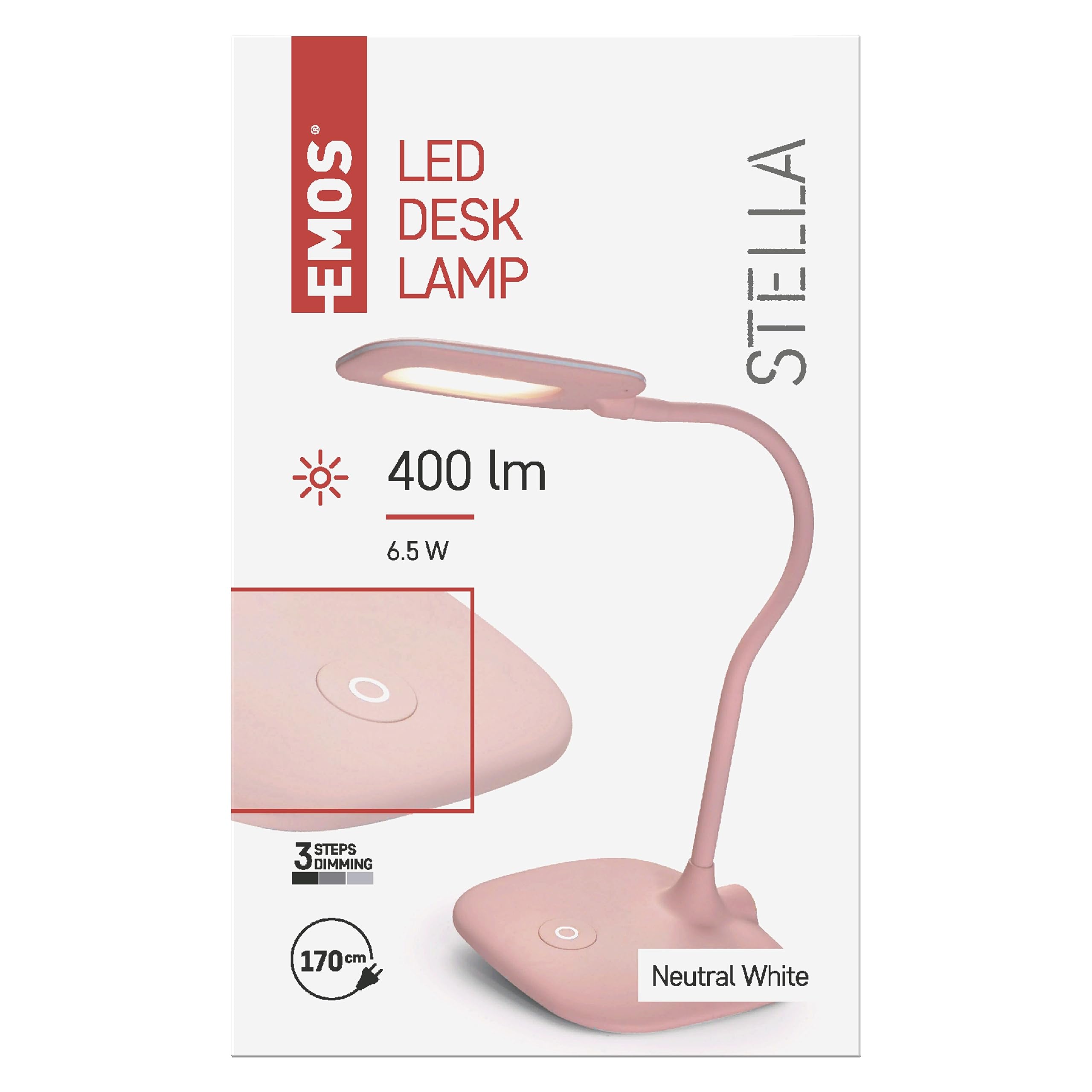 EMOS Lampada da tavolo a LED dimmerabile STELLA 6,5 W, luminosità max. 400 lm, colore luce 4000 K, braccio flessibile, cavo di alimentazione da 1,7 m con adattatore europeo, CRI>80, durata della luce