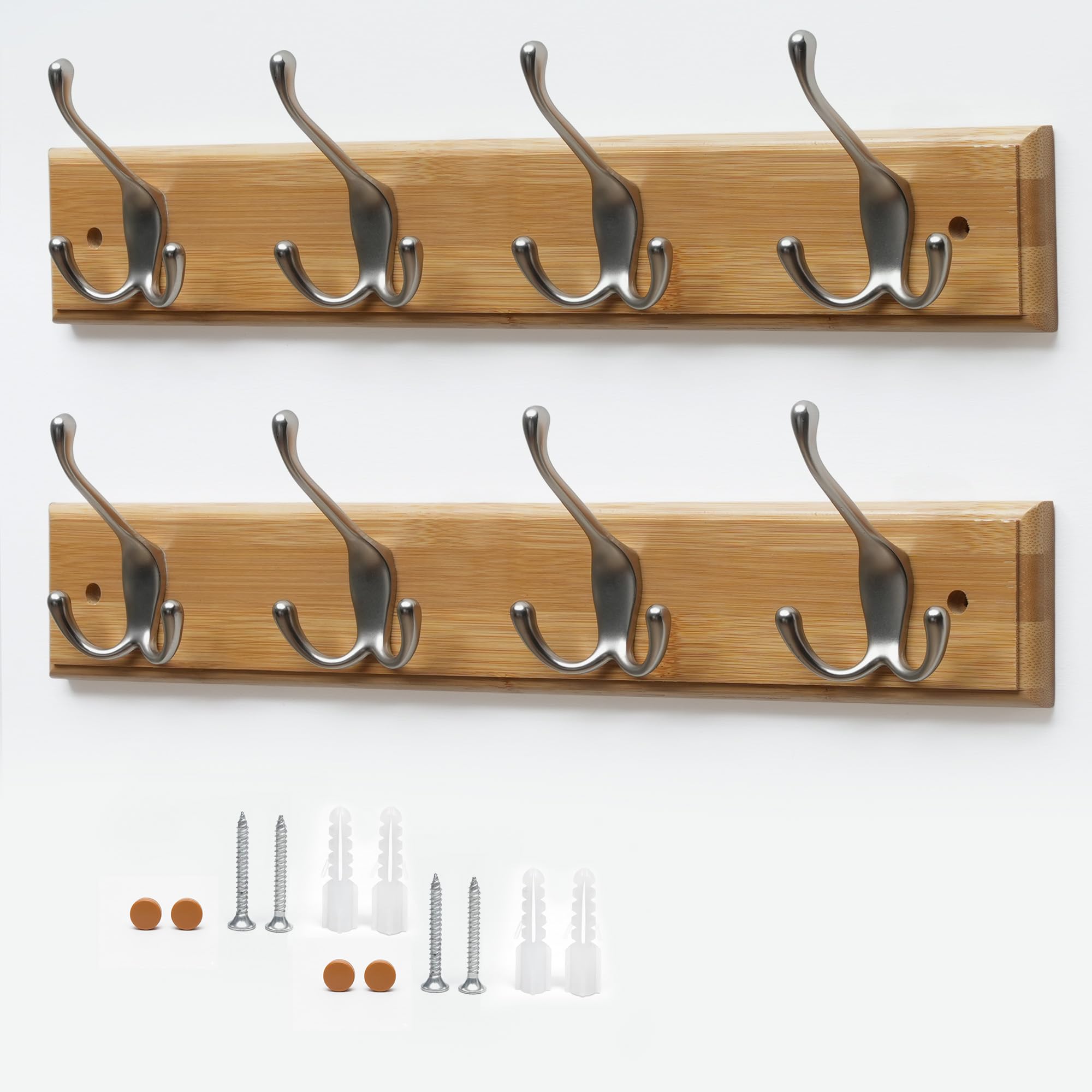 Flatro 4 Triple Hook Bamboo Coat Hooks Wall-Mounted (Pack Of 2) Bamboo Coat Rack With 4 Triple Zinc Alloy Hooks To Hang Hats, Jackets, Bags, Keys, Towels | Best Suited For Home Entrances, Bedrooms, Bathrooms, Laundry Room