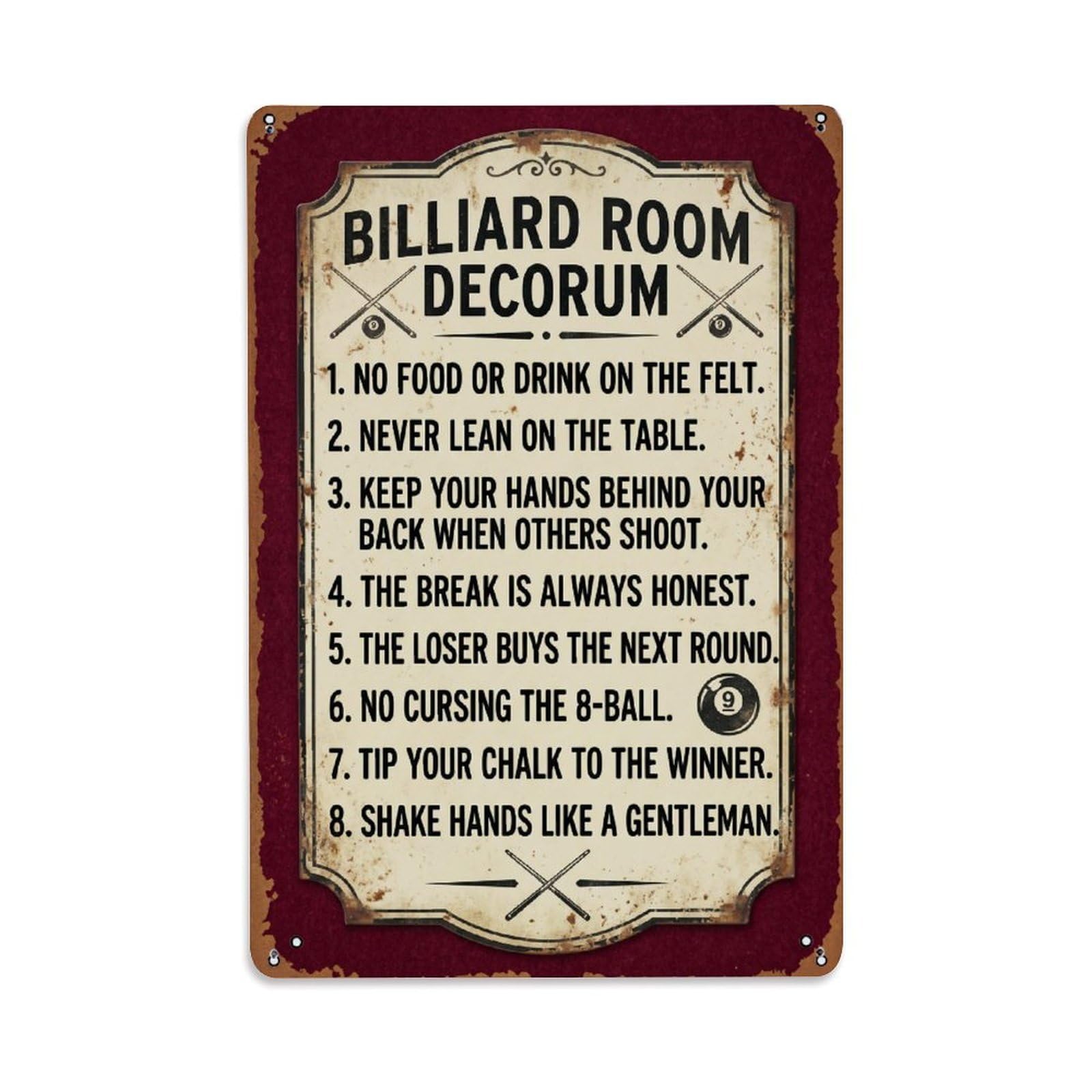 Billiard Room Decorum Funny Quotes Metal Tin Sign Plaque Wall Decor for Cafe, Club Bar, Office, Home Garden Metal Poster 8x12Inch