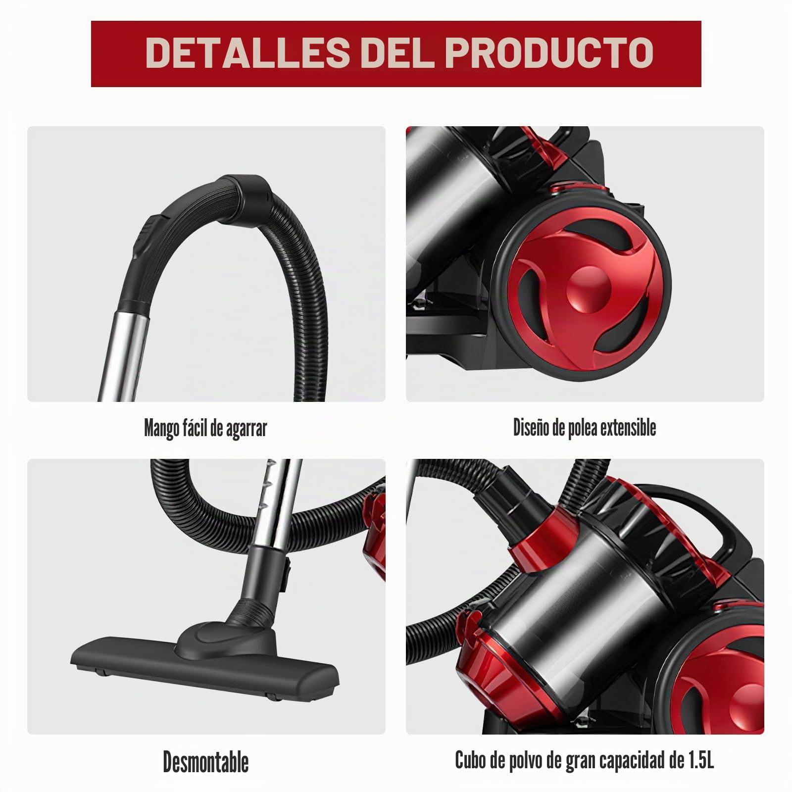 Aspirador sin bolsa, 2000 W, aspirador compacto silencioso, capacidad 1,5 L, con sistema de filtración HEPA, potente aspirador para suelos, alfombras, sofás y coche