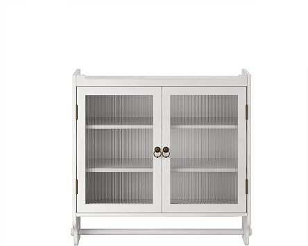 Vinsetto Vintage Glass Door Wall Cabinet, Double Door Design with Three Tiers of Storage and Towel Rack, Easy Assembly, 24.8", White Washed