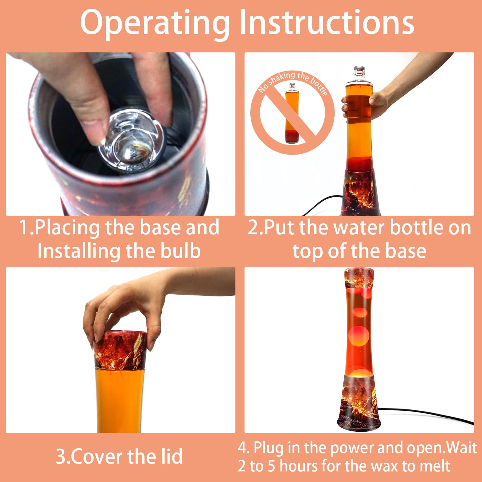 Luz de movimiento, lámpara de volcán de 16 pulgadas con cera roja líquida naranja, luces de noche frescas para el hogar, dormitorio, oficina, decoración de vacaciones, lámparas de lava para 4