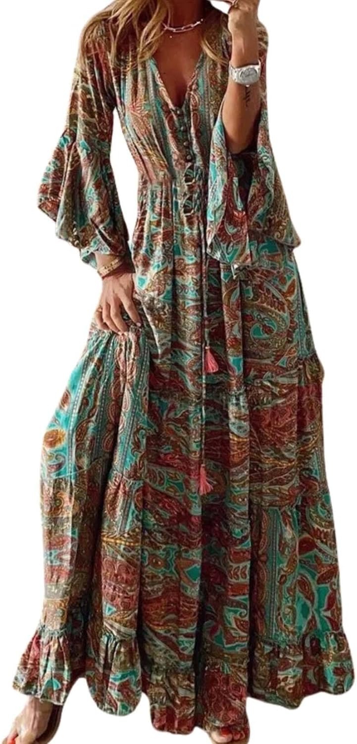 2025 Womens Bohemian Style Bell Sleeve Printed V Neck High Waisted Resort Dress with Floral Print