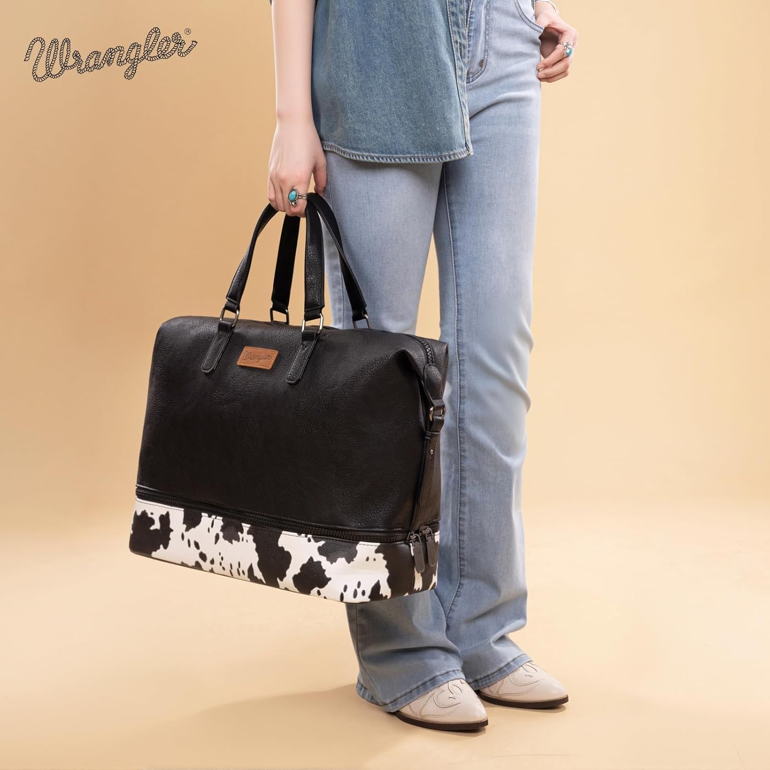 Wrangler Travel Duffel Bag Carry On Overnight Bag with Shoe Compartment Cow Print Weekender Bag for Women WG253-5110COW-BK - Image 7