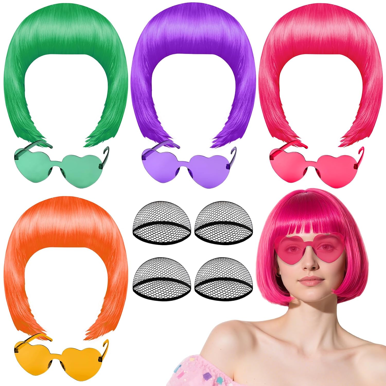 PLULON 4 Pcs Colorful Bob Wigs with Heart Plastic Sunglasses Hair Cap for Women, Neon Short Bob Wig Colored Funny Cosplay Hair for Women Men Daily Bachelorette Halloween Costume Party Decorations