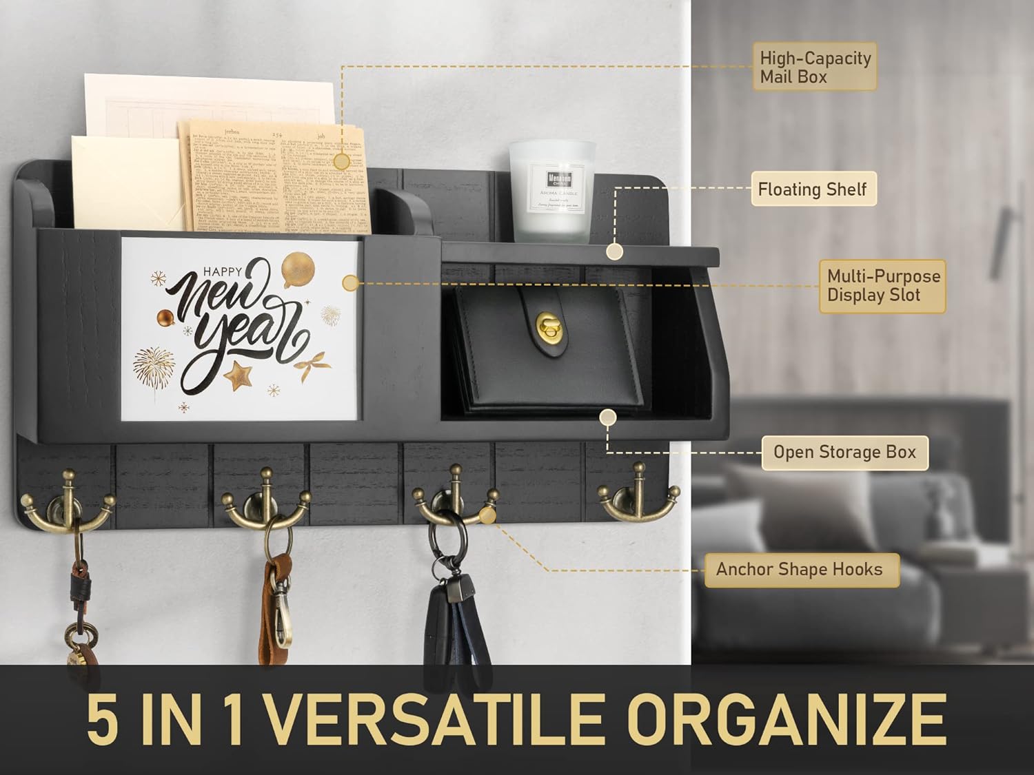 Rebee Vision Key Holder for Wall Set : 10" Key Rack with 5 Hooks & 16" Mail Organizer with Chalkboard and 4 Anchor Hooks for Home Apartment Entryway Decor - Black