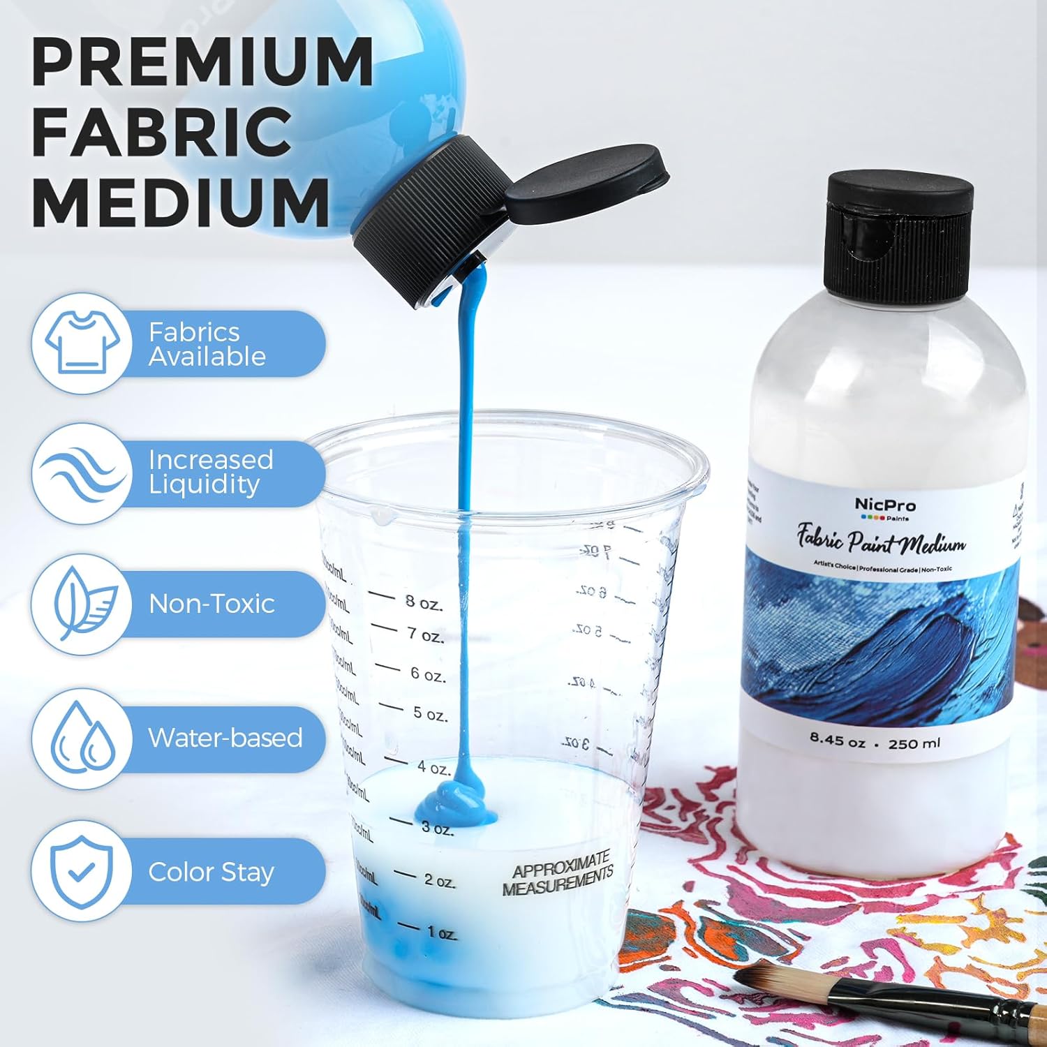 Nicpro Professional Effects Fabric Medium, 8.45oz Bottle Fabric Painting Acrylic Fluid Medium, Improves Acrylic Paint Adhesion to Fabrics, Textiles for Fabrics DIY Clothing, T-shirts, Shoes Jeans Bags