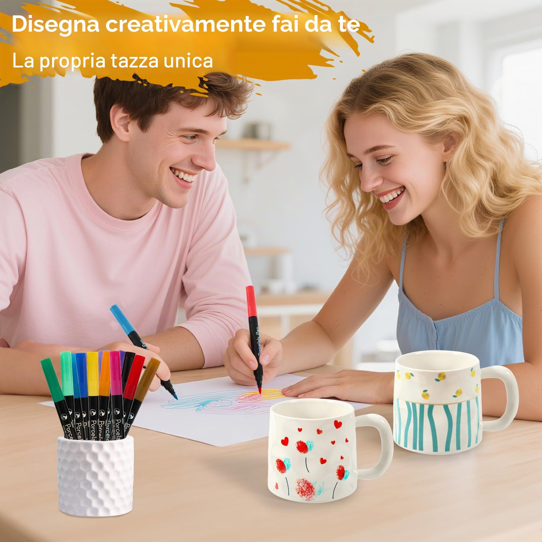 Set per Pittura Su Ceramica,Bianco Tazze Kit Ceramica Fai Da Te, Include 2 Tazze 350ML, 12 Pennarelli e 2 Cucchiai,Kit Fai Fa Te Creativo Adulti