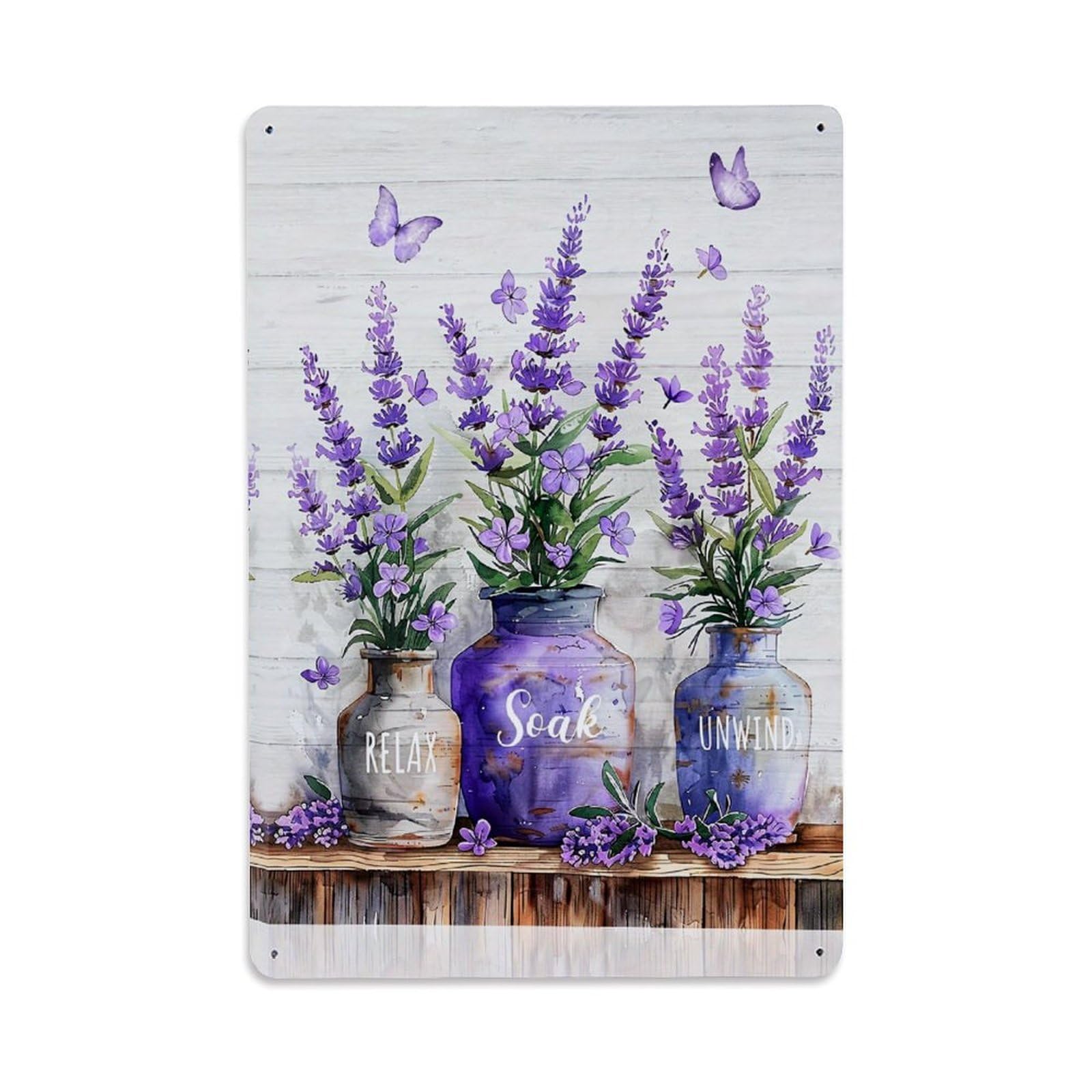 Jdfenggu Vintage Lavender Vases Relax Soak Unwind Butterflies Retro Metal Tin Sign, Decor Art Poster For Bar, Home, Man Cave, Kitchen, Laundry Room Gift 8X12inch