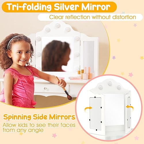 Miniatura 12 de Costzon Juego de mesa de tocador y taburete de madera para niños, diseño desmontable 2 en 1 con tocador y escritorio, tocador de maquillaje de