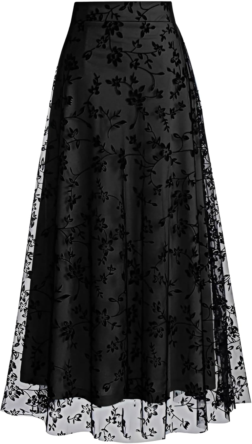 Women Floral Mesh Midi Skirt Boho High Waist Layered Tulle Skirt Flowy A-Line for Spring Fall Travel Wedding Date