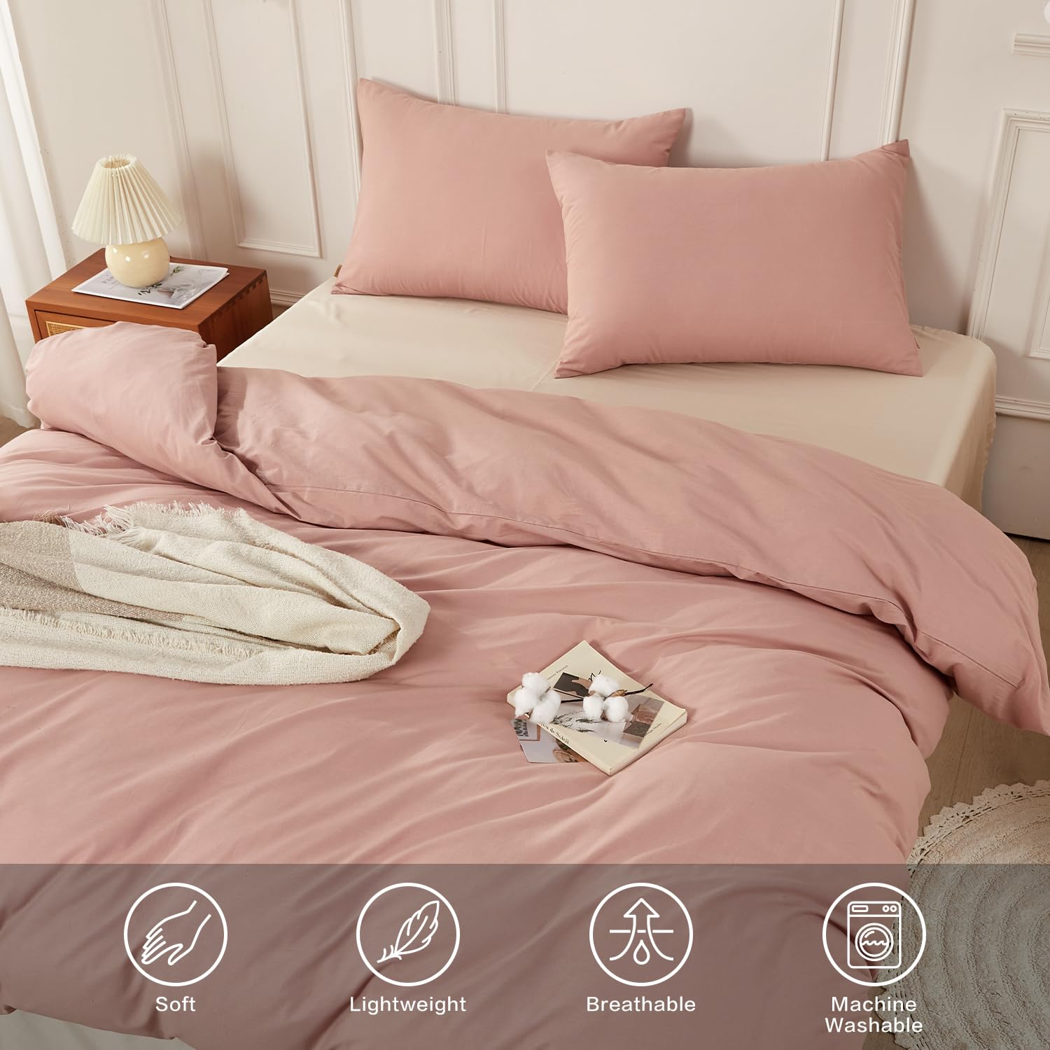 SAPHREAS Dusty Rose Duvet Cover Set 100% Washed Cotton Super King Size 3Pcs 8 Corner Ties Modern Solid Bedding Soft 1 Duvet Cover with Zipper 2 Pillow Shams - Image 2