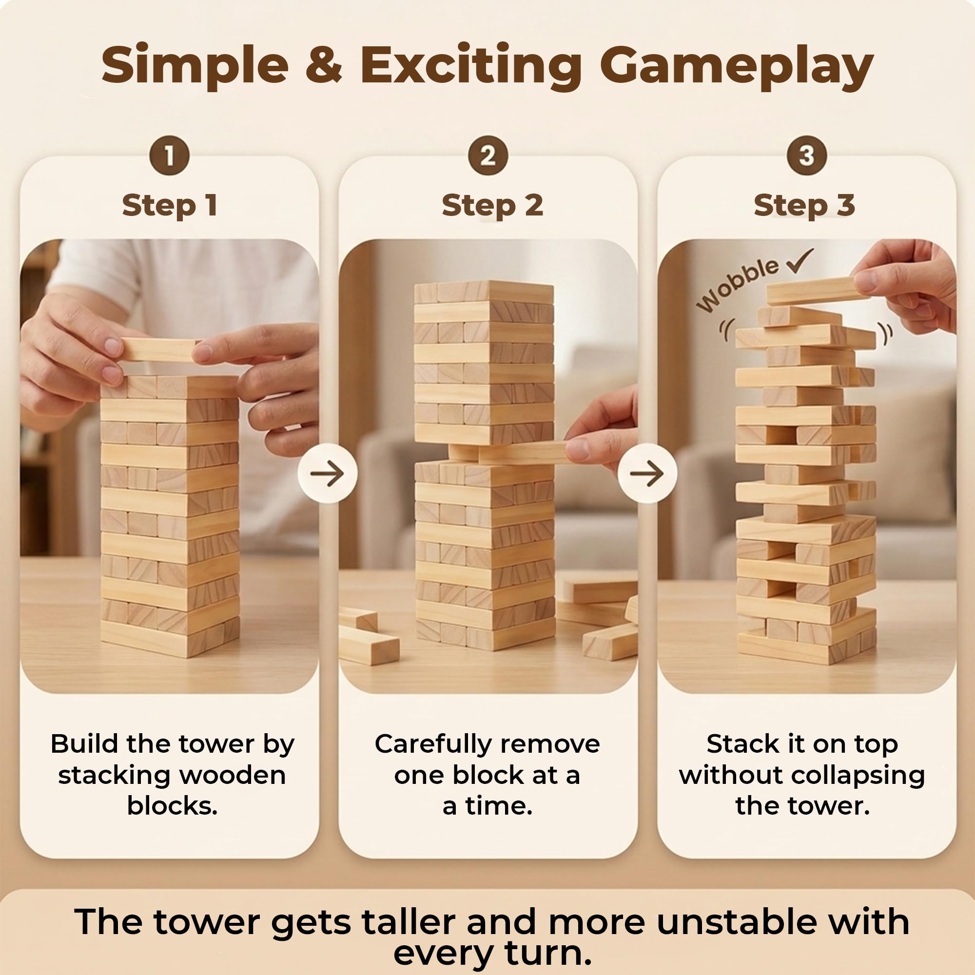 WUDLY® Wooden Tumbling Tower Game 54 Pcs | Classic Block Stacking Game for Kids & Adults | Educational Indoor Party & Family Fun Game | Handcrafted Wooden Toy (Classic) 2