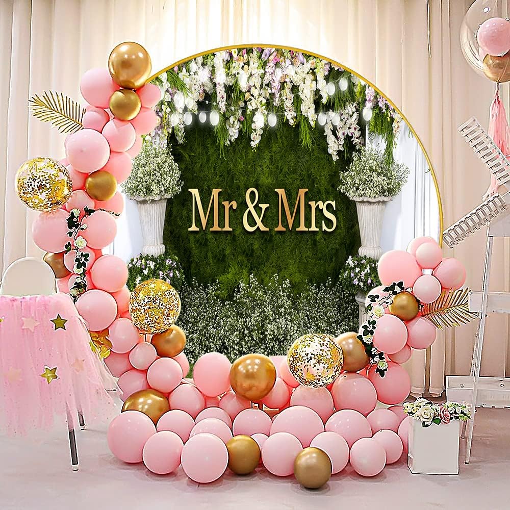 Wedding Round Backdrop Cover, 7.2x7.2ft Polyester Mr and Mrs Wedding Party Circle Round Arch Backdrop Stand Cover for Photography, Chic Circular Floral Grass Photography Backdrop YMBLSPH39#1