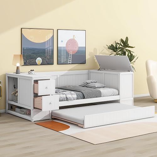 Harper & Bright Designs Corner Bed Frame Twin Size with Trundle and Charging Station,Wood L Shape Daybed with Storage Arms,Shelves and Drawers,No Box Spring Needed,Space Saving,White