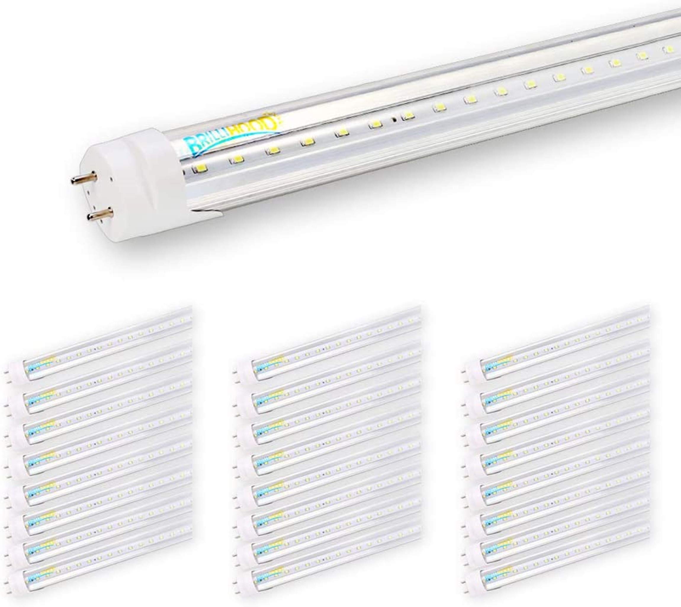 Brillihood T8 LED Shop Light Tube, 4FT, 18w (40W equivalent), Dual-End Powered, 6000K Cool White, 2000 Lumens, Clear Cover Lens, T8 T10 T12 Fluorescent Bulbs Replacement, (Pack of 25)
