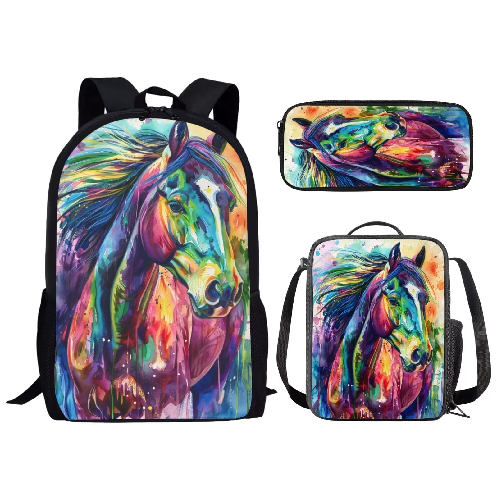Baxinh Watercolor Horse Printed School Backpack Set Lunch Bags Pencil Case for Boys Girls Kids Trendy Backpacks Large Backpack Set with Lunch Box 3Pcs