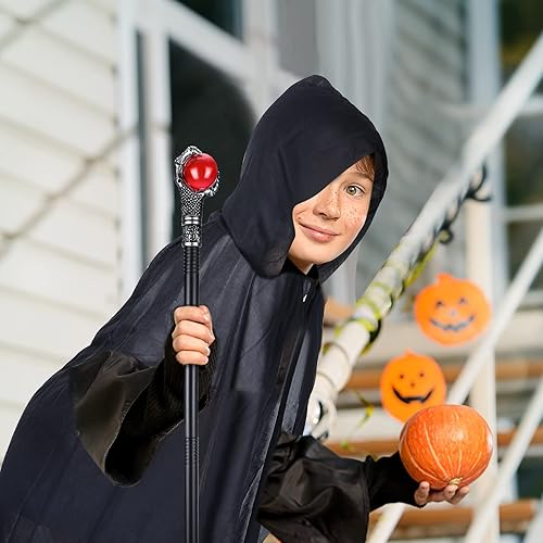 Miniatura 5 de Juego de 2 accesorios de disfraz de mago, incluye garra de dragón de fuego, orbe rojo, accesorio decorativo, bastón para caminar y capa con capucha,