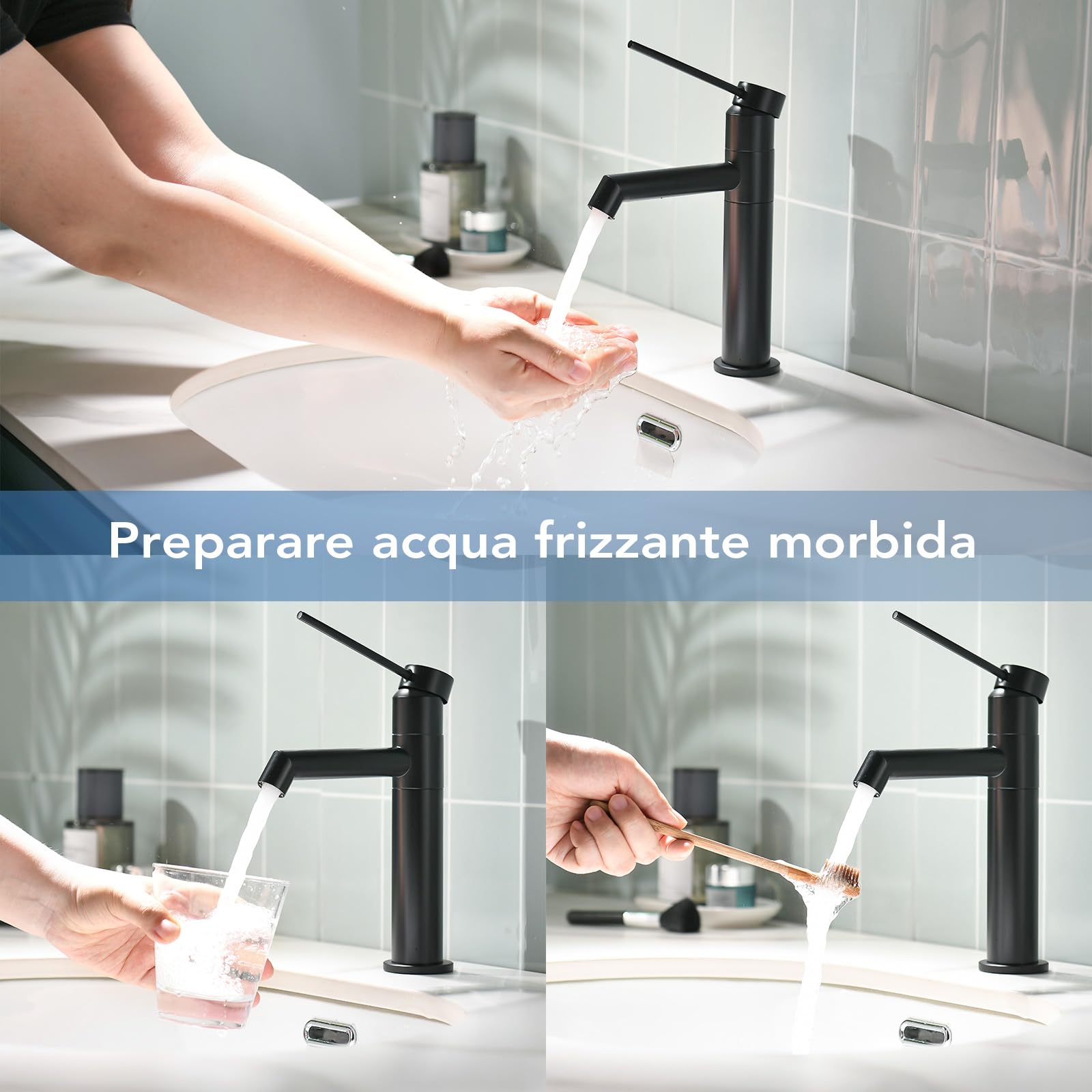 Miscelatore per lavabo girevole a 360°, rubinetto per bagno con miscelatore per acqua calda e fredda, altezza del beccuccio 122 mm, rubinetto monocomando per bagno, nero opaco