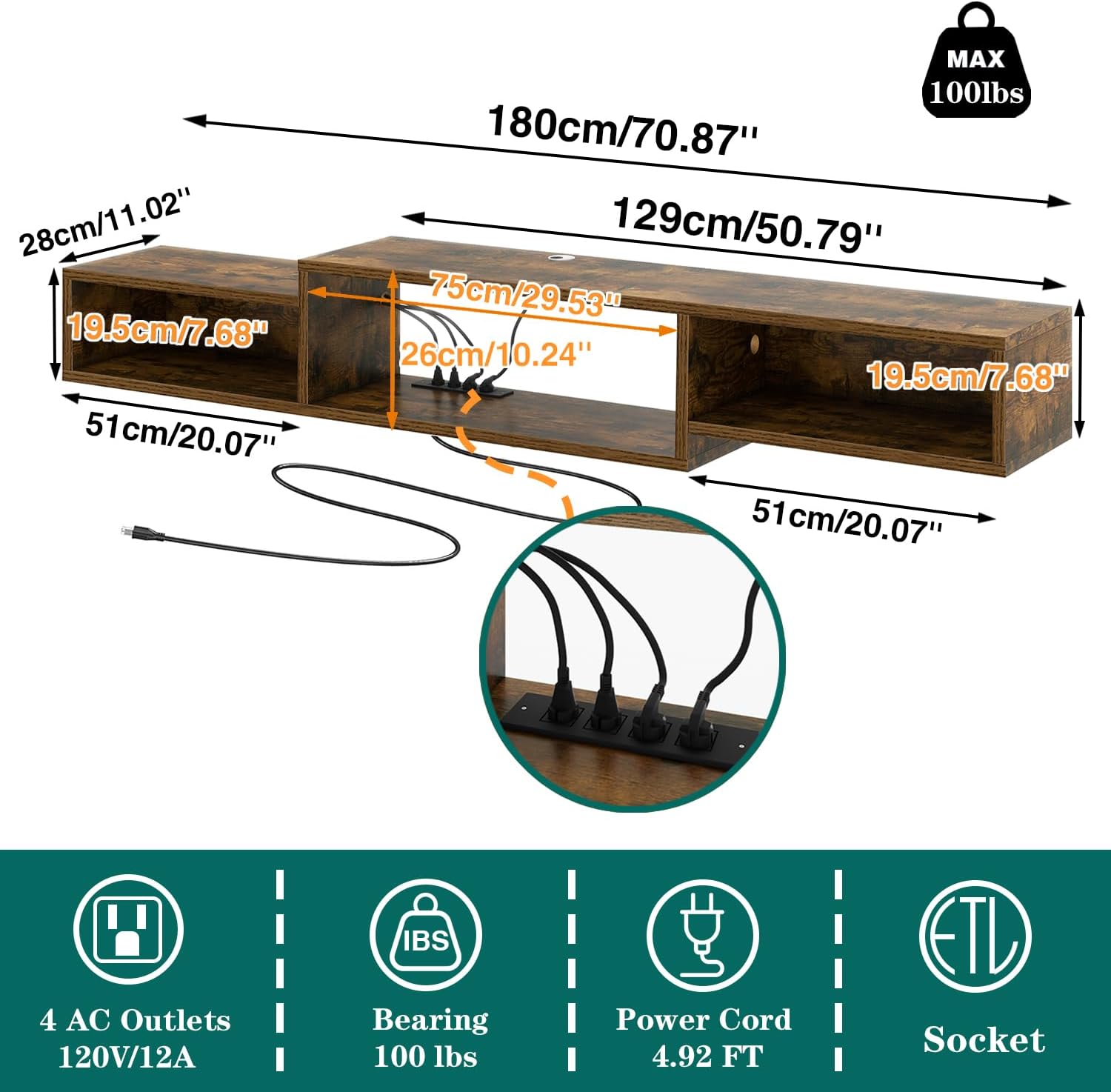 IBUYKE 71" Floating TV Stand Wall Mounted with Power Outlet,Wood Wall Mounted Media Console Shelf,Floating Entertainment Center for Under TV Storage for Living Room Bedroom Office,Rustic Brown WST008H