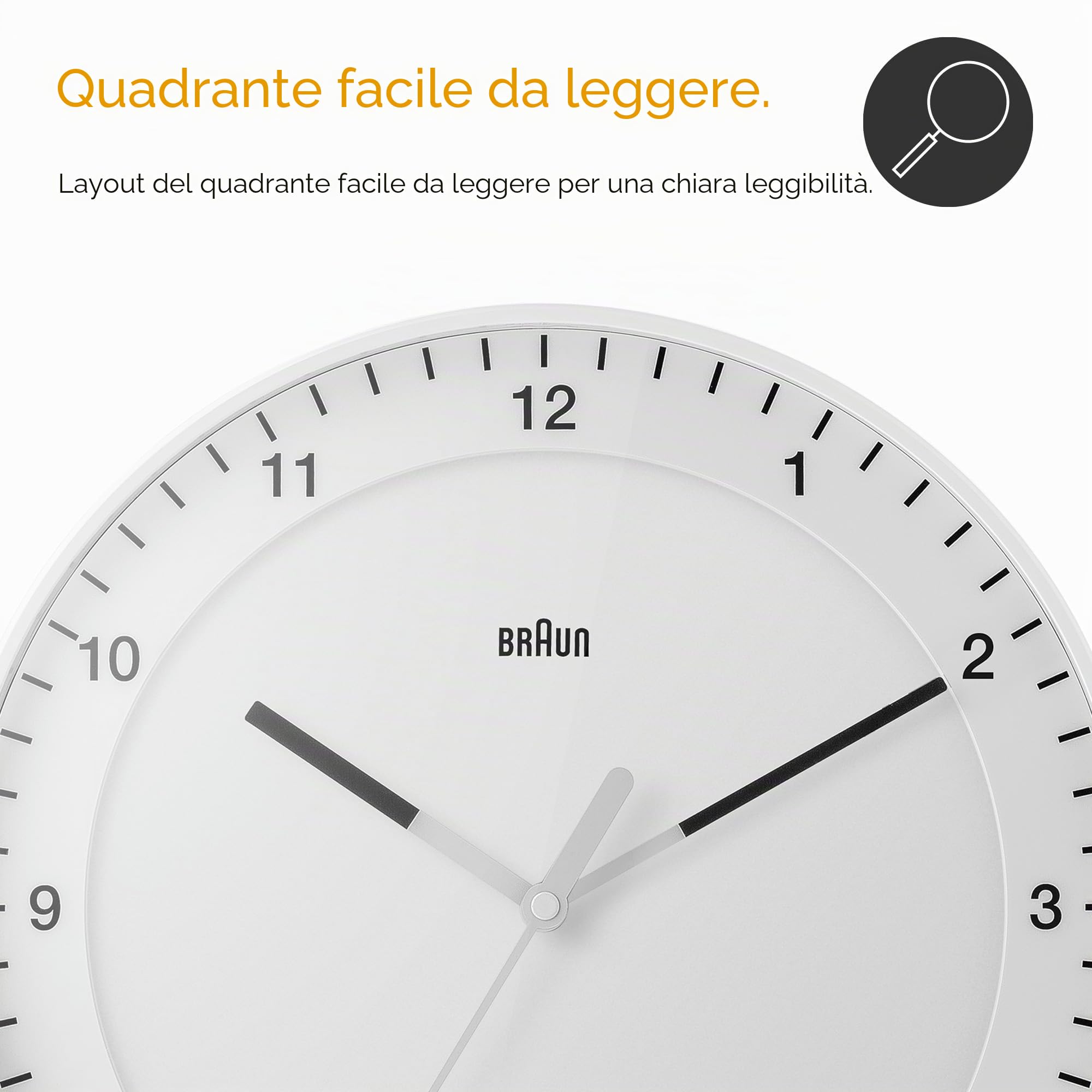 Braun Orologio da Parete Grande Analogico Classico Movimento Continuo Silenzioso, Facile da leggere, Diametro di 30 cm, Colore bianco, modello BC17W.
