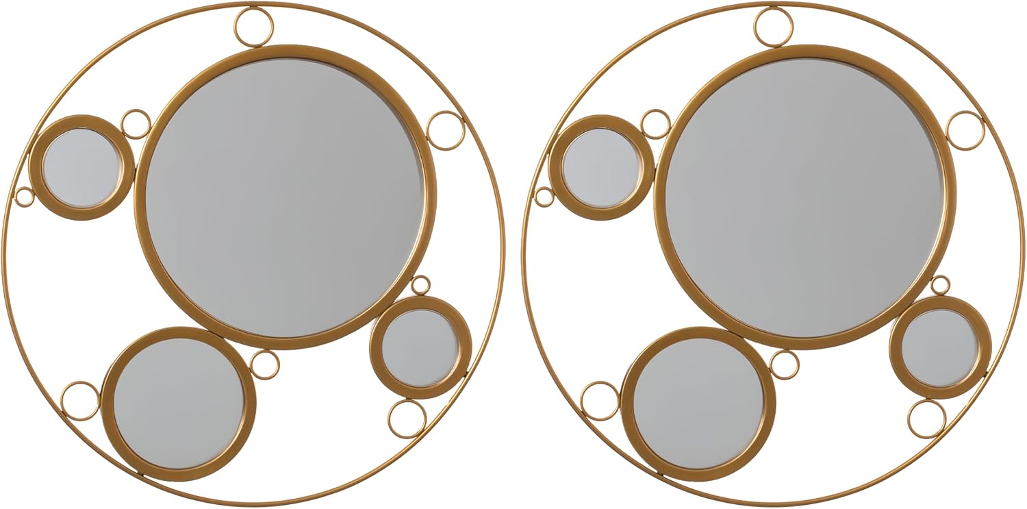 Set of 2 Decorative 19.75-inch Round Frame Mirror - Gold Metal Wall Mounted Mirror with 4 Glass Mirror Balls for a Modern Twist, Elevate Your Living Room, Bedroom, Vanity, Entryway or Hallway Decor
