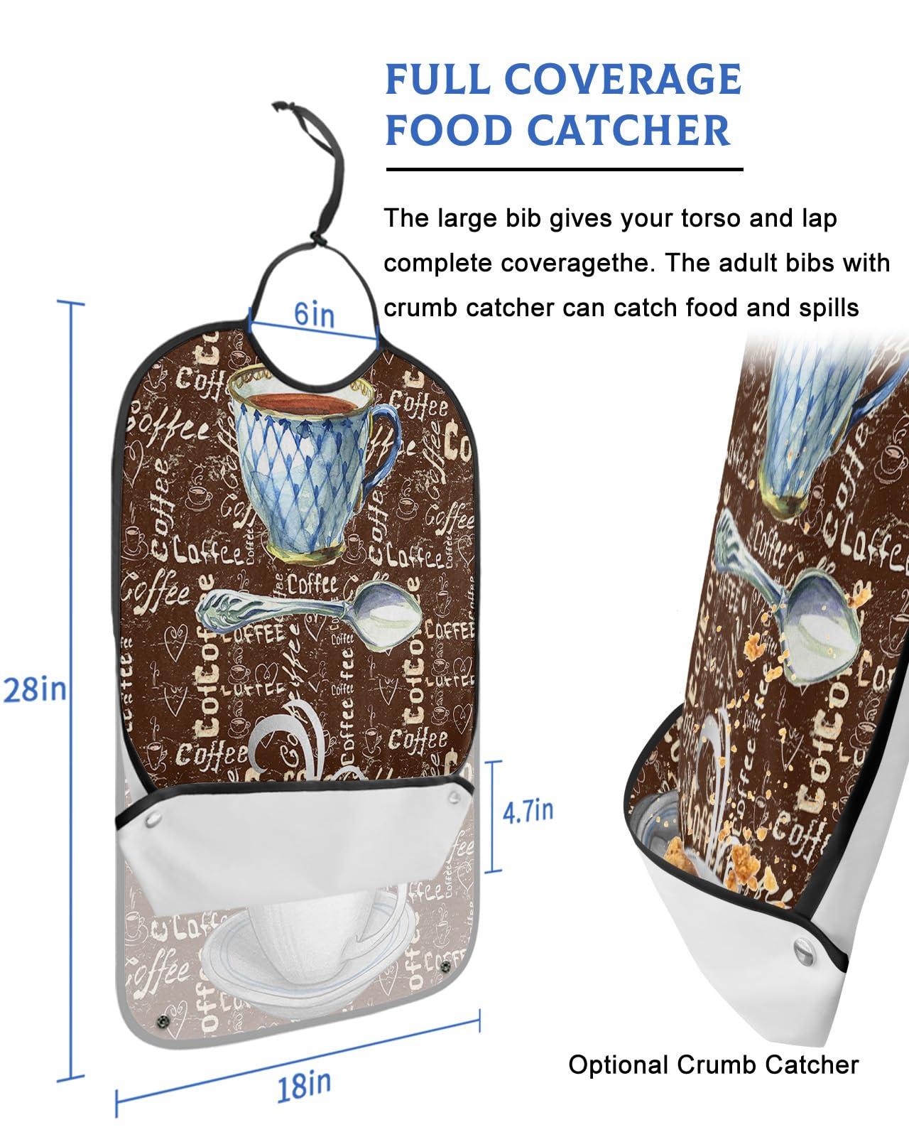 Coffee Theme Adult Bibs for Eating, Waterproof Bibs with Food Catcher & Adjustable Snap Closure, Coffee Cup Farm Vintage Brown Splicing Washable Clothing Protectors Adult Bibs for Elderly Women/Men