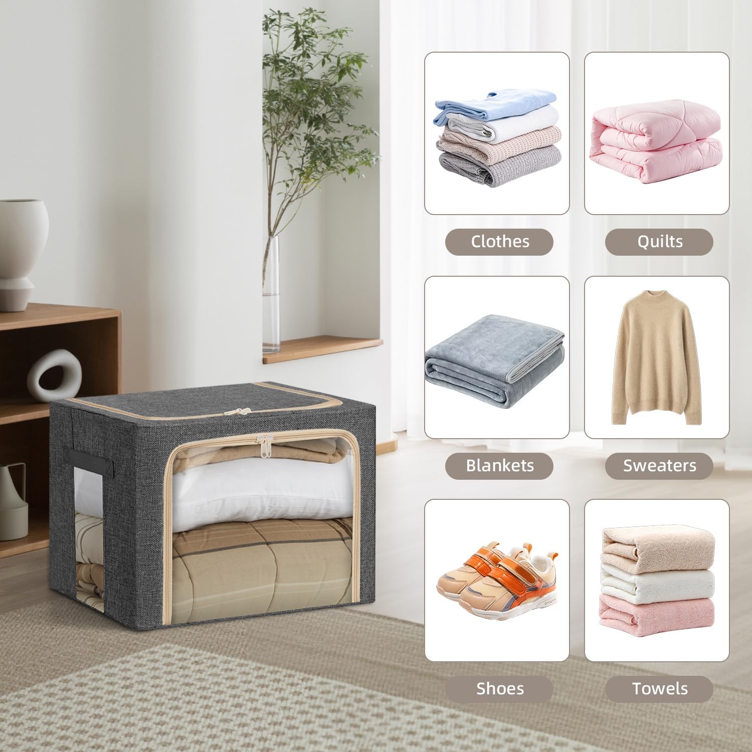 6-Pack Clothes Storage Bags, Foldable Storage Bins with Metal Frame, Clear Window, Reinforced Handles, Durable Non-Woven Fabric for Clothes, Bedding, Blankets, 40L, Dark Gray