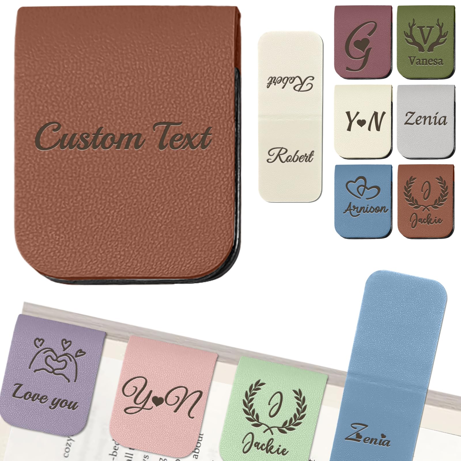 Personalised Leather Magnetic Bookmark with Name Initials Custom Book Marks Clip Customised Gifts for Reading Women Book Lovers Reader-Initials