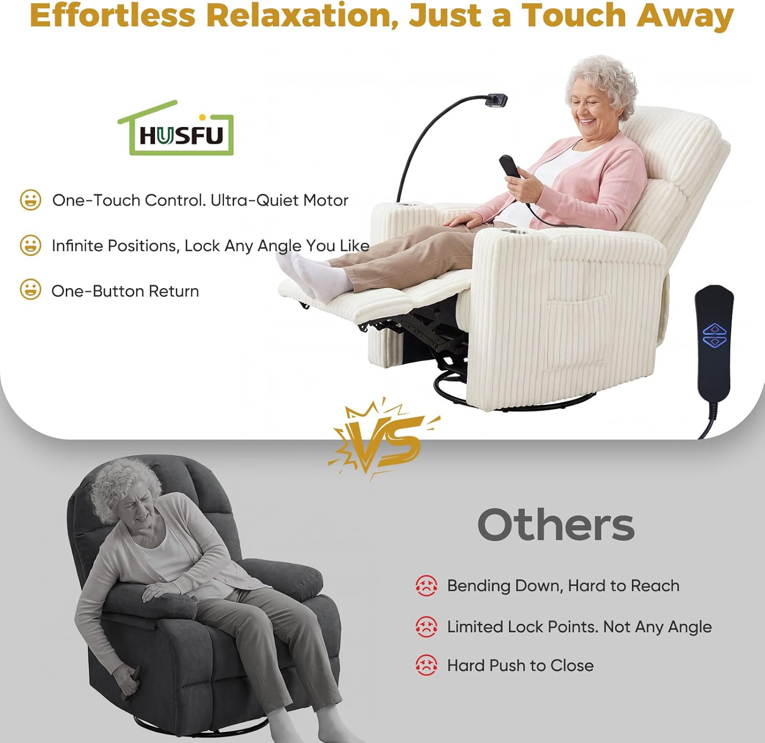 HUSFU Power Recliner Chair Swivel Glider,Nursery Rocking Chairs w/USB Charging Port and Phone Holder,Swivel Rocker Glider Recliner for Nursery,Bedroom,Living Room,Cream,1PC