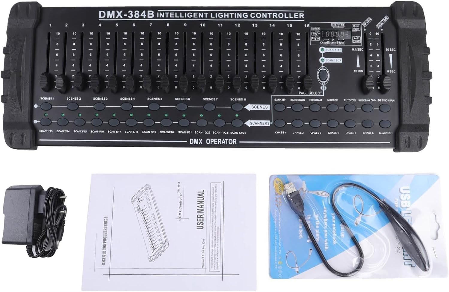FODEXAZY 384CH DMX Controller package contents including controller, power adapter, user manual, and USB light