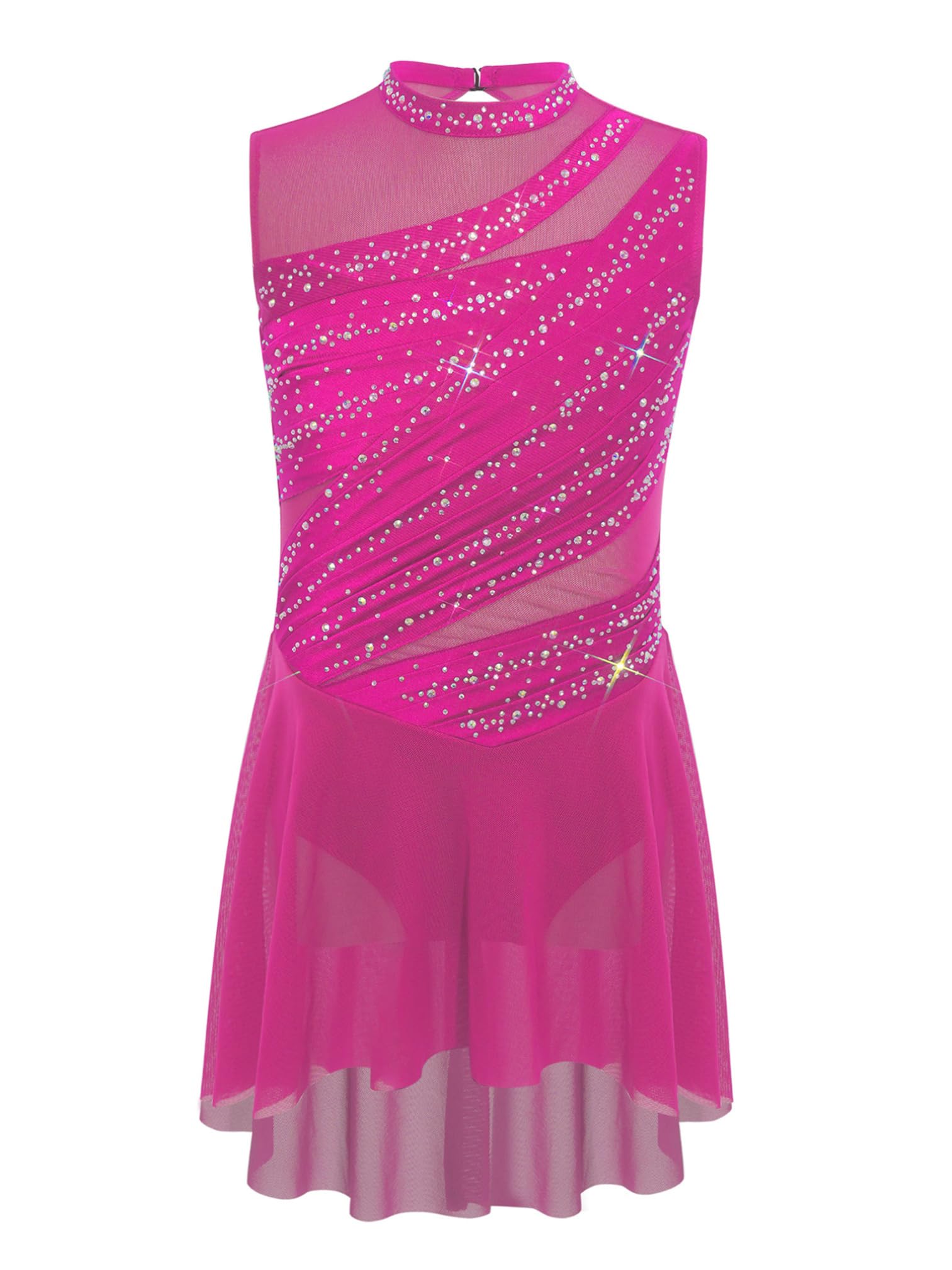 Agoky Mädchen Ärmellose Eiskunstlauf Kleider Rollkragen Tanzkleid Swing Rock Gerafft Ballettkleider Strassstein Ballettkleidung