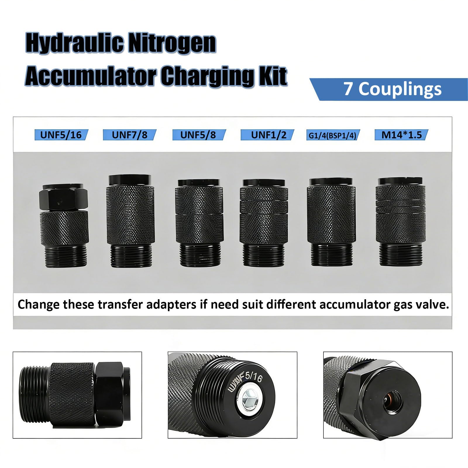 Komplettes Stickstoff-Füllset für Hydraulikspeicher, Stickstoff-Druckprüfsystem, 7-in-1 Profi-Druckprüfset mit 3 Manometern, 7 Adaptern, Sicherheitsventil & Schlauch, Kompakte Struktur
