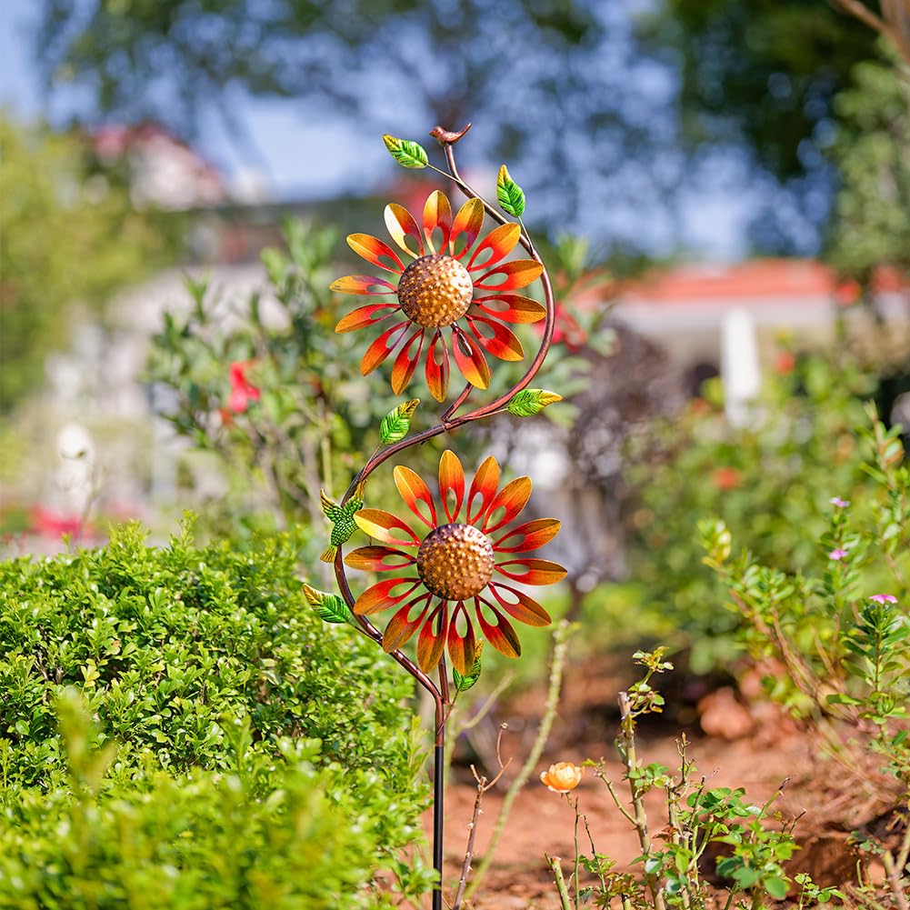 Molinillo de viento de girasol, 2 unidades, rotación, molinillo de viento para jardín, decoración de metal, girasol, jardín, metal, carillón de viento para jardín con estaca de metal, para interior y
