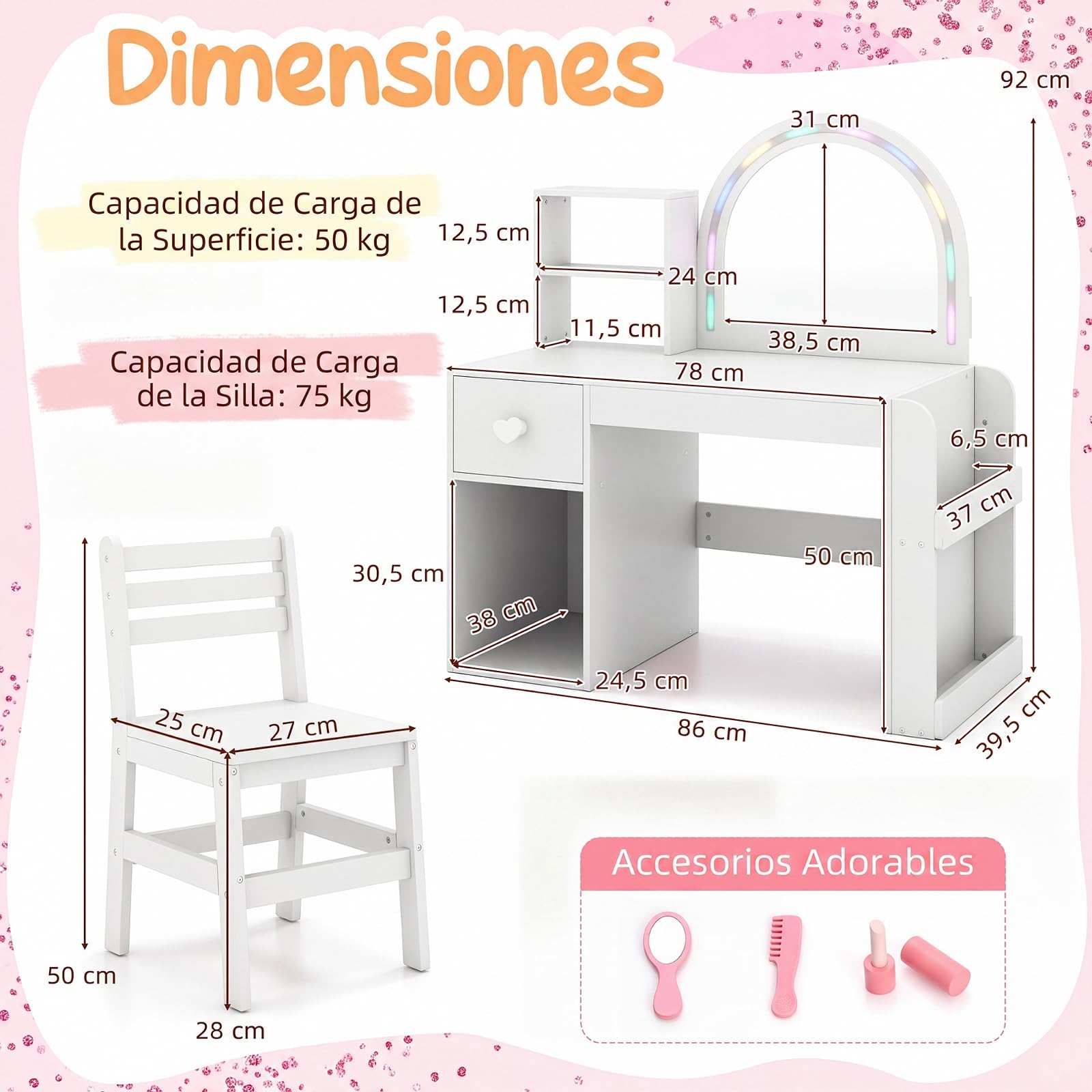 GOPLUS Tocador y Silla Infantil para Niños de 3+ Años (Blanco) | Tocador para Niñas con Espejo Iluminado, Estantería de 2 Niveles, Cajón, Silla Cómoda, Mesa de Maquillaje de Princesa