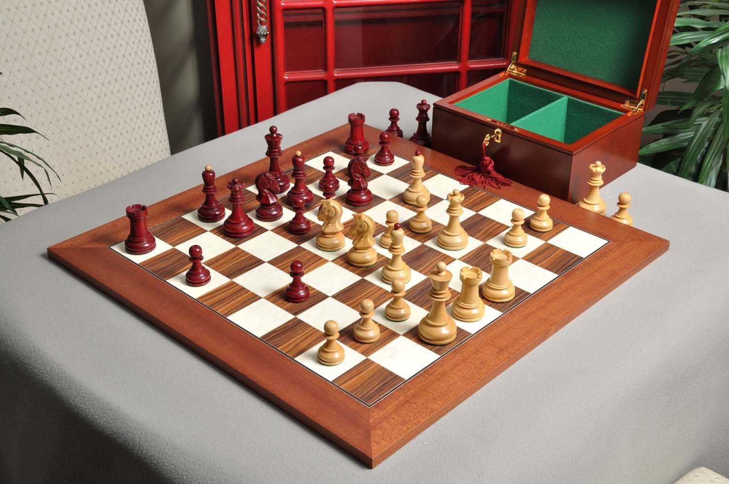 The Dubrovnik Chess Set, Box, & Board Combination - Red Mahogany Gilded - by The House of Staunton