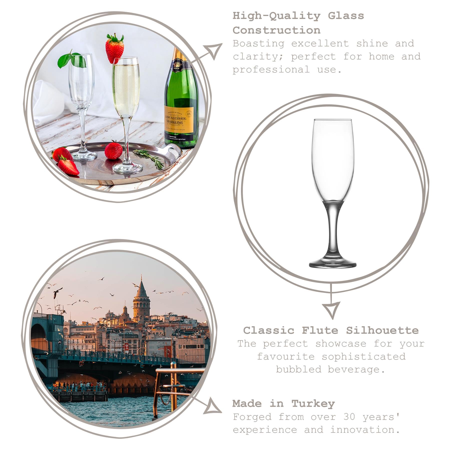 Set of 6 Misket Stemware Champagne Flute Glasses, 6.5 Oz.