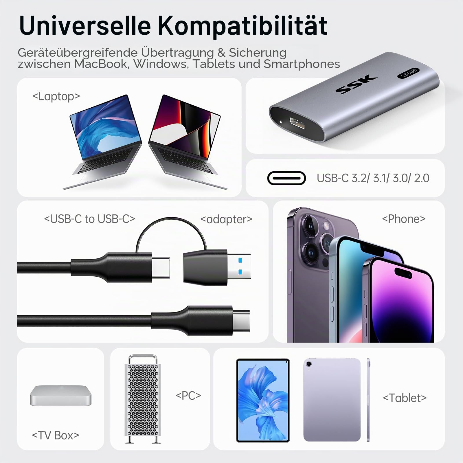 SSK Externe SSD 256GB, USB 3.2 Gen2 Portable SSD, bis zu 550 MB/s, Externe Festplatte mit USB C&A 2 in 1 Kabel, External Solid State Drive für iPhone 16/15/17-Serie/Laptop/Desktop/Smartphone/Tablet