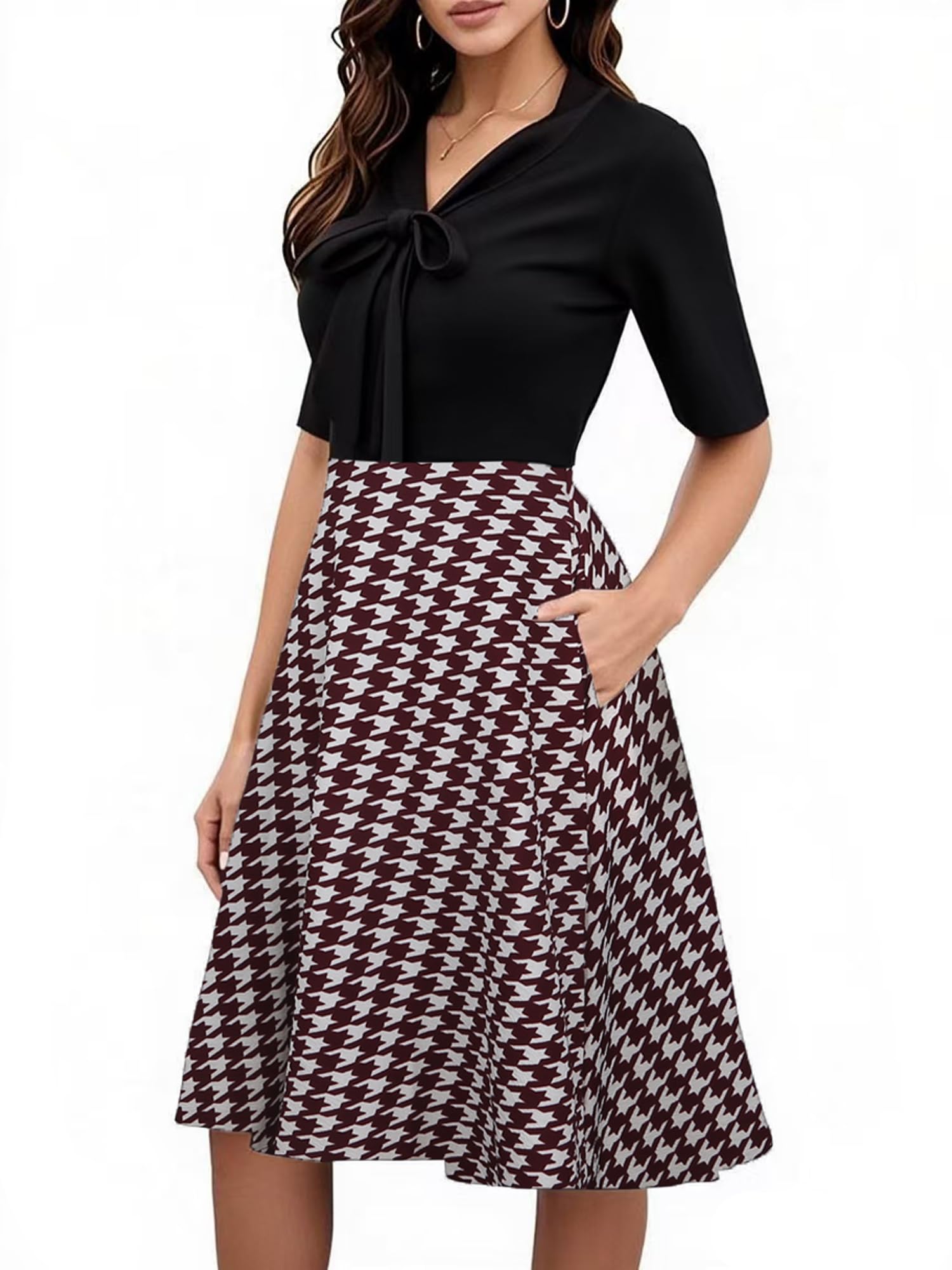 oxiuly Womens Vintage Bow Tie V-Neck Pockets Casual Work Party Cocktail Swing A-line Dresses OX278