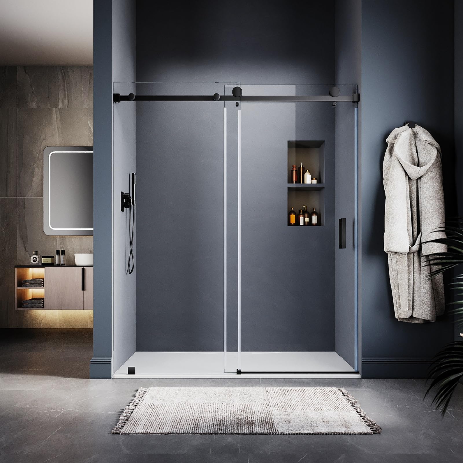 UNIKOO 66"- 72" W×80" H Frameless Stainless Steel Sliding Shower Door in Matte Black with 3/8" (10mm) Certified Tempered Clear Glass. The Queen Series