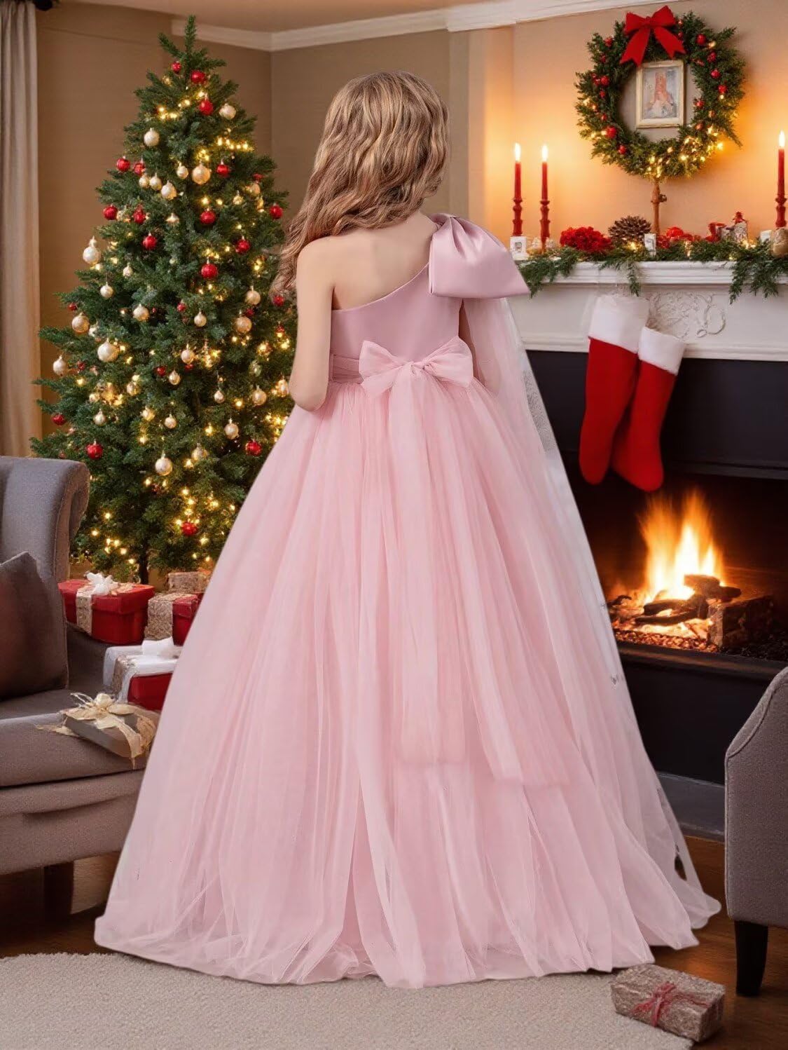 One Shoulder Tulle Flower Girls Dress with Big Bow Satin Princess Pageant Ball Gown First Communion Dress JQ301 - Image 2