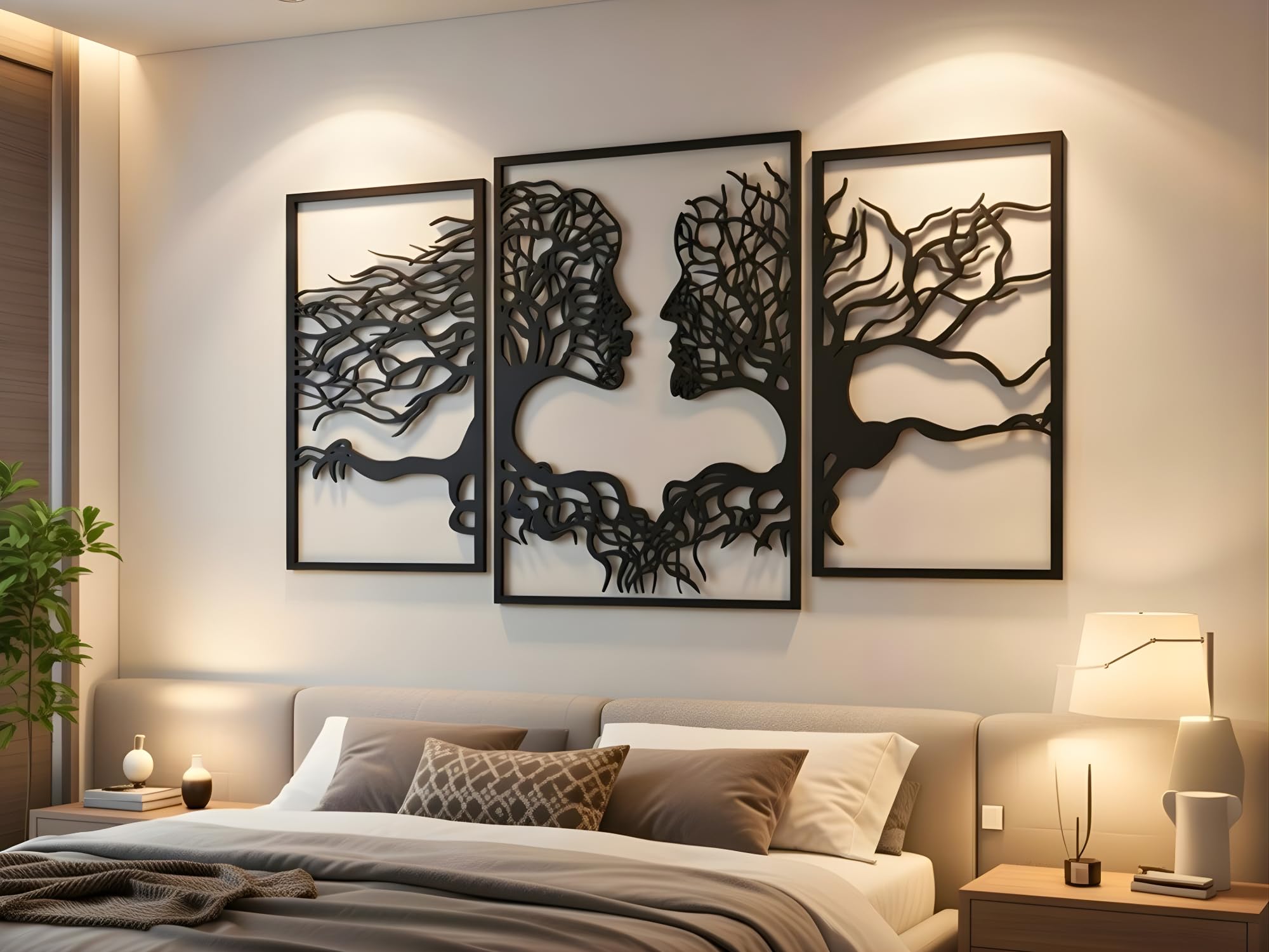 VAILLA Wanddeko 3D aus Holz XXL Wandbild Wohnzimmer & Schlafzimmer, Moderne Holzbilder Schwarze Wand Deko, Home Wall Art Dekoration Lebensbaum Motiv (Gesichter 2)