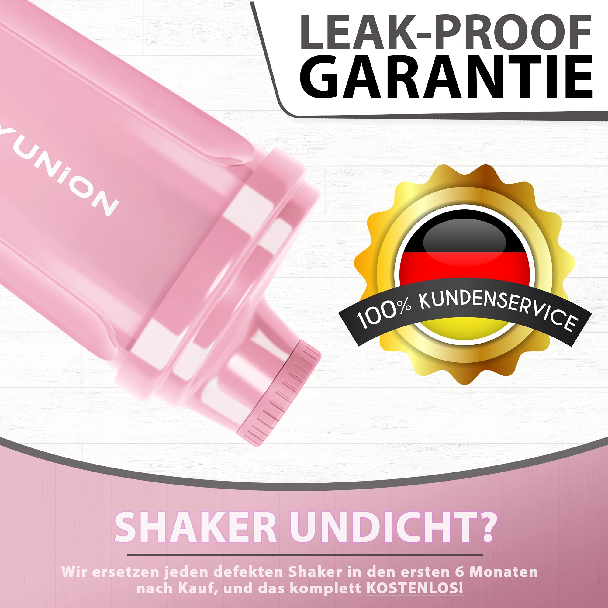 AMITYUNION Shaker per proteine 500 ml Heaven a prova di perdite, senza BPA con setaccio cliccabile e scala per frullati cremosi di siero di latte, shaker per proteine, originale in Rosa corallo