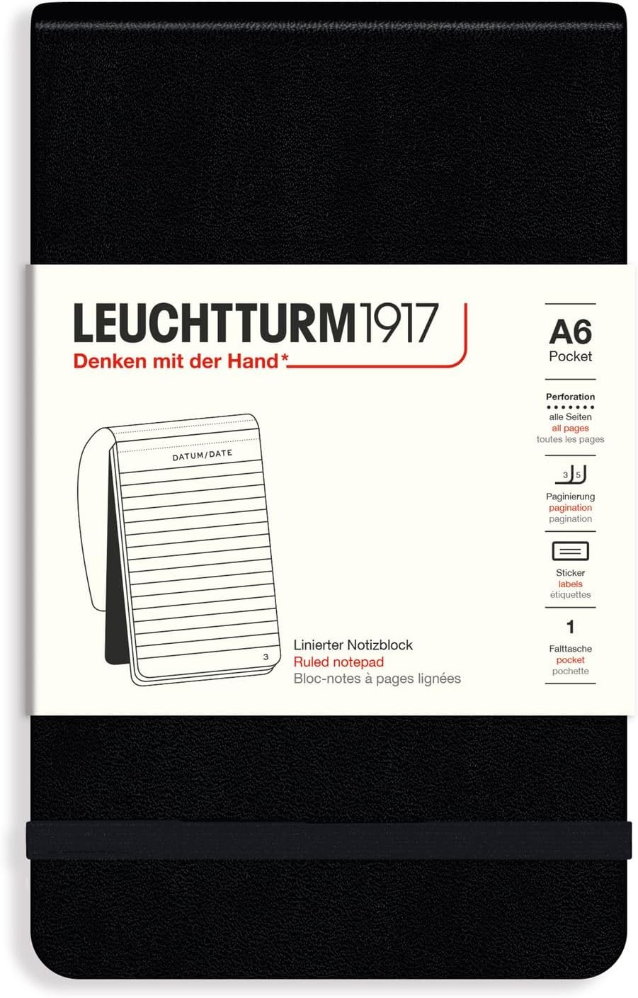 LEUCHTTURM1917 - Pocket Notepad A6-184 Ruled Micro-Perforated Pages, Black