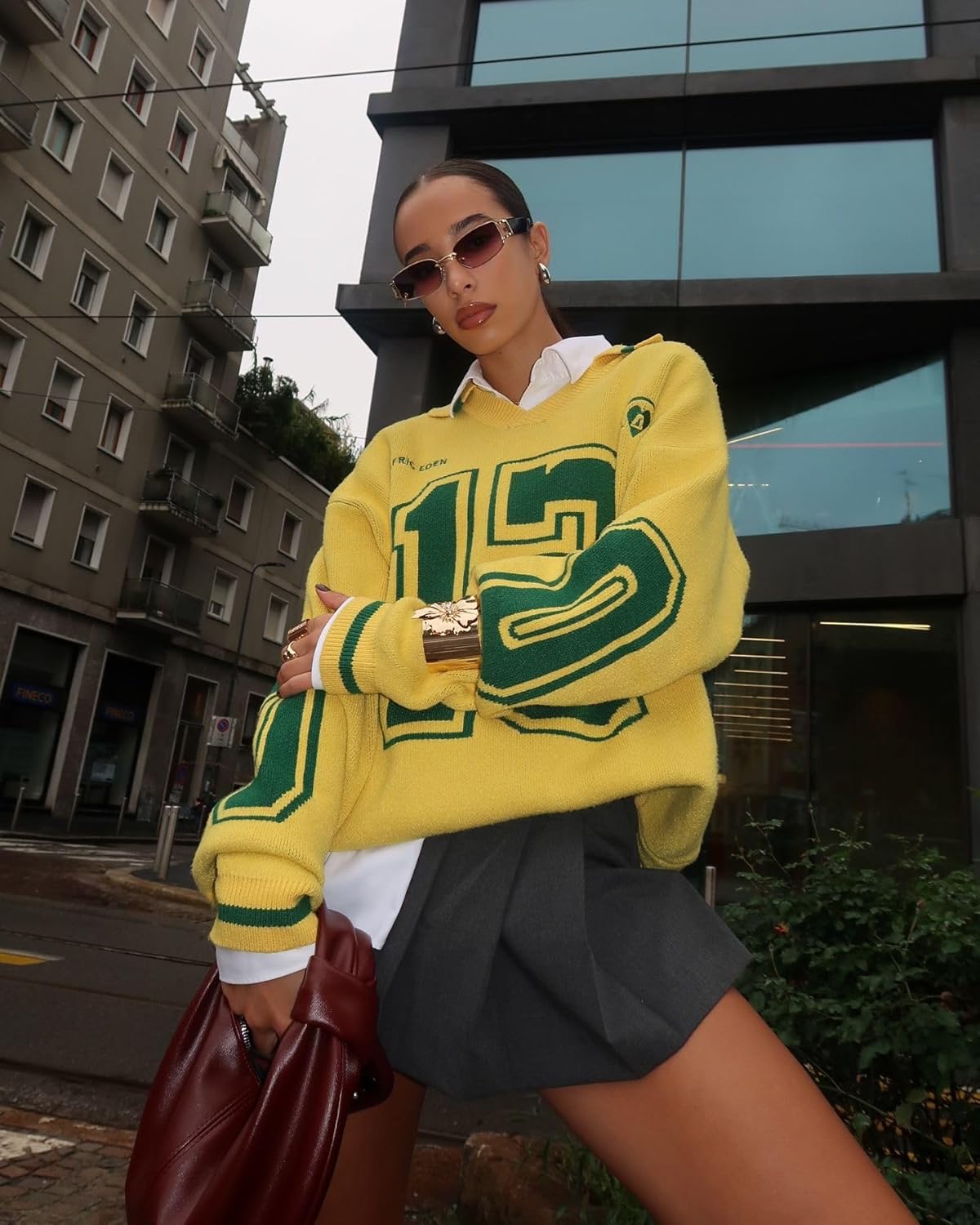 Aelfric Eden Graphic Polo Sweater Women Oversized V Neck Knit Sweaters Y2k Long Sleeve Pullover Vintage Number Sweater Tops - Image 2