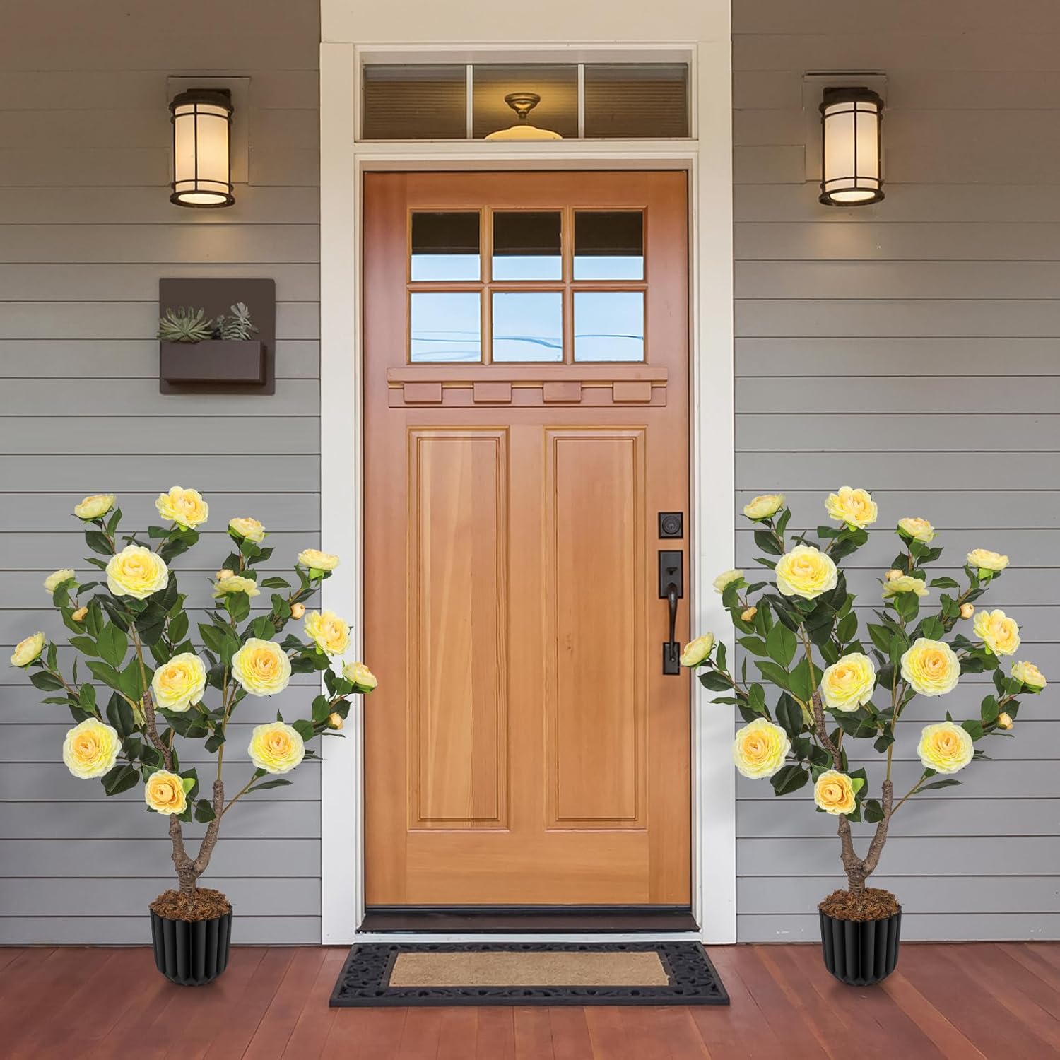 Artificial Camellia Tree for Indoor and Outdoor, Faux Flower Tree Plant in Pot Fake Topiaries for Home Front Porch Decor(1, Yellow)