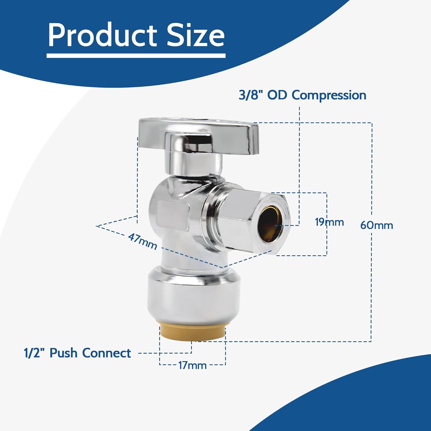 10 Pack Pushfit Angle Stop Faucet Valve, 1/2" Push-Fit x 3/8" Comp, Quarter Turn 1/2" Nom x 3/8" Compression Shut Off Water Valve, Pex, Copper,Cpvc,Brass