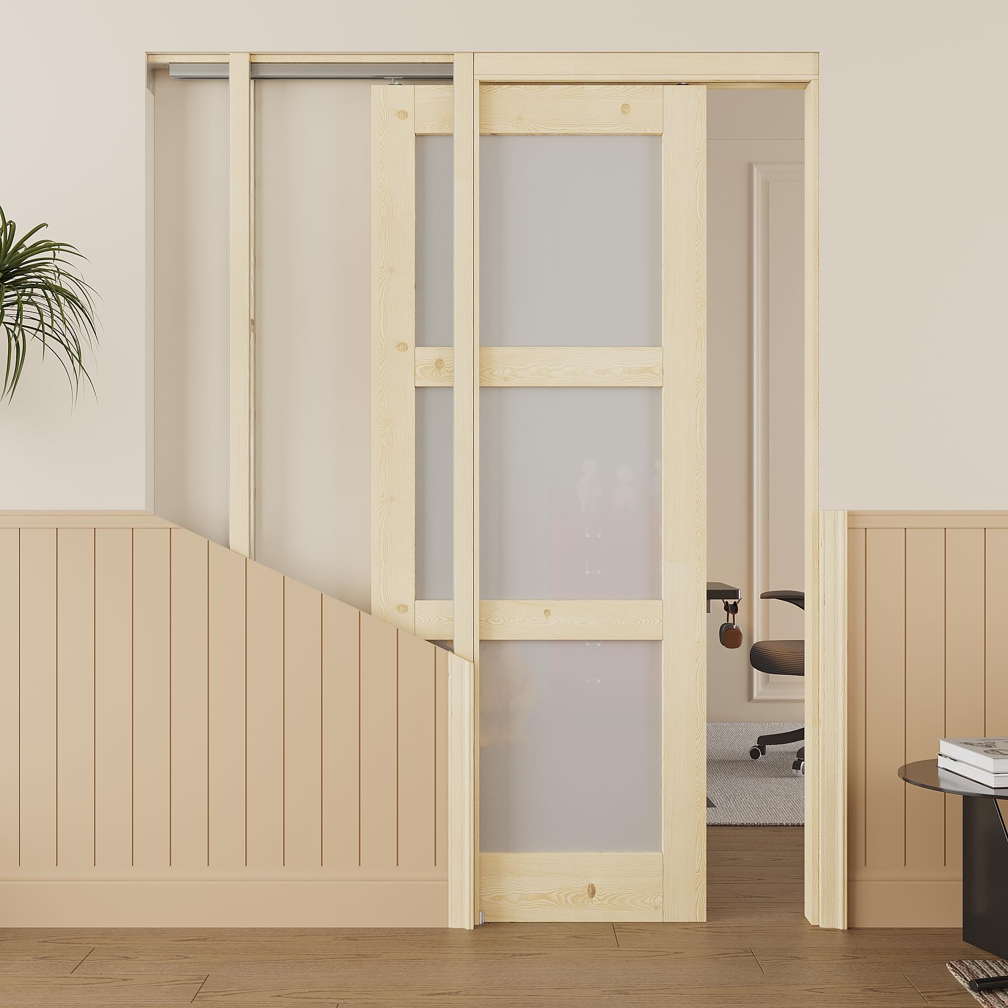 30x80 Sliding Pocket Door,3 Lite Pine Frosted Glass Doors,Hidden Doors